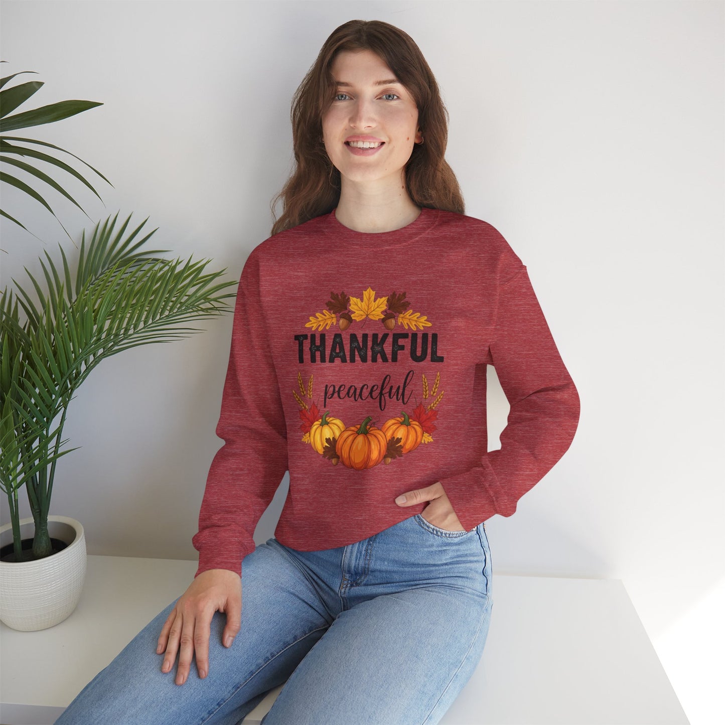 Thankful Peaceful Fall Sweatshirt, Autumn Pumpkin Crewneck, Thanksgiving Sweater, Cozy Seasonal Pullover, Gratitude Gift For Women Men