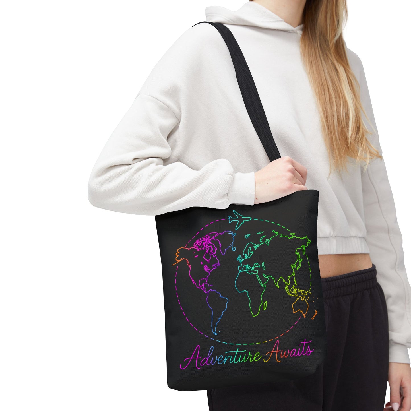 Adventure Awaits Neon Tote Bag - Y2K Rainbow World Map and Plane Travel Tote, Reusable Canvas Tote for Airport, Beach, Market + Gift