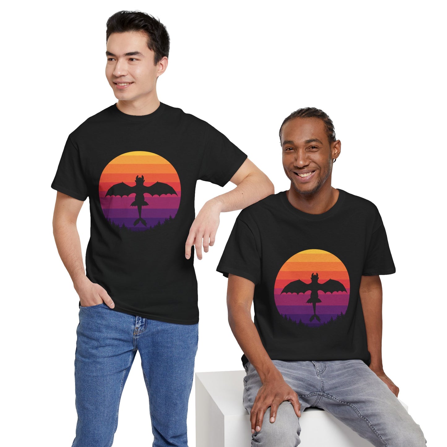 Night Dragon Sunset T-Shirt | Retro Dragon Silhouette Tee | Fantasy Dragon Shirt | Unisex Graphic Tee | Gift for Dragon Lovers