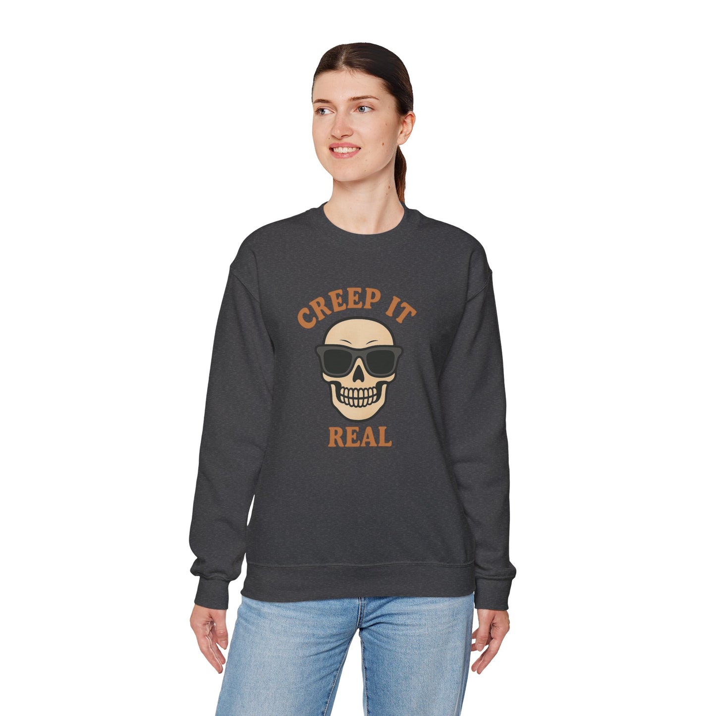 Creep It Real Skull Sweatshirt, Funny Halloween Skull Crewneck, Spooky Skeleton Pullover, Dark Graphic Sweatshirt, Unisex Halloween Gift