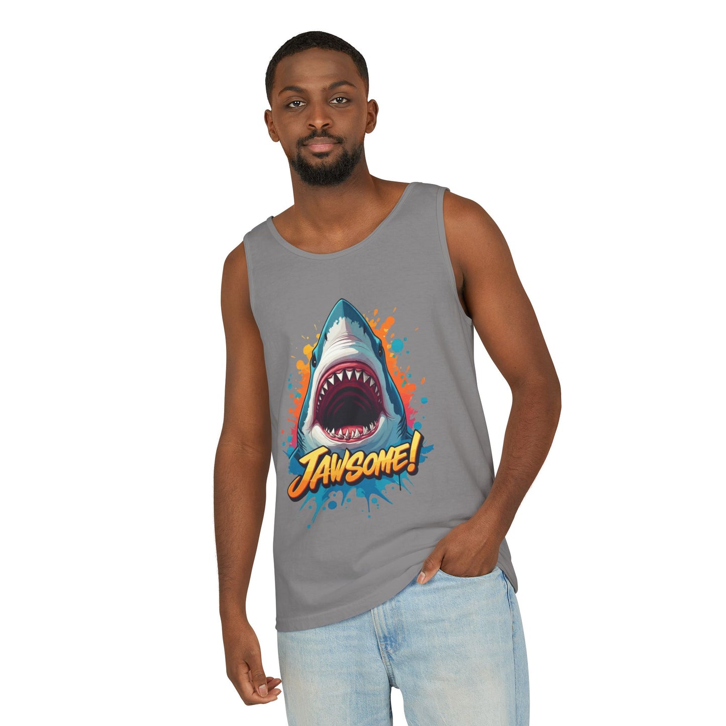 Jawsome Shark Graphic Tank Top | Funny Retro 90s-Style Shark Tee for Men and Women | Bold Ocean Print, Humor Gift, Summer Trending