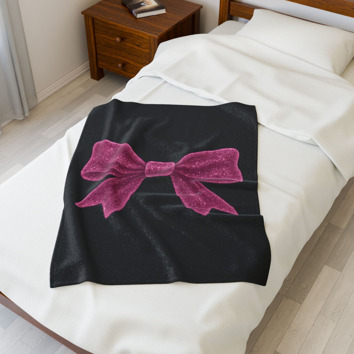 Black Throw Blanket with Glitter Pink Bow – Cozy Soft Bed Cover – Girly Glam Room Decor – Teen Girl Gift – Elegant Bedding Accent