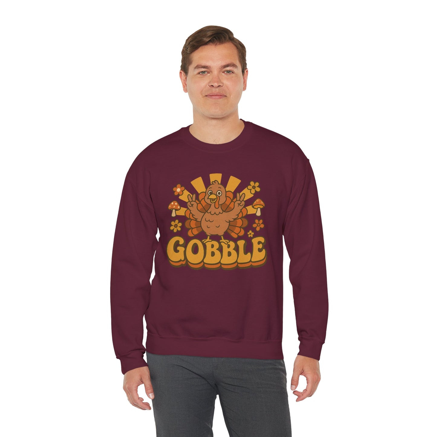 Gobble Turkey Sweatshirt, Retro Fall Turkey Crewneck, Thanksgiving Graphic Pullover, Autumn Mushroom & Flower Design, Cozy Fall Top