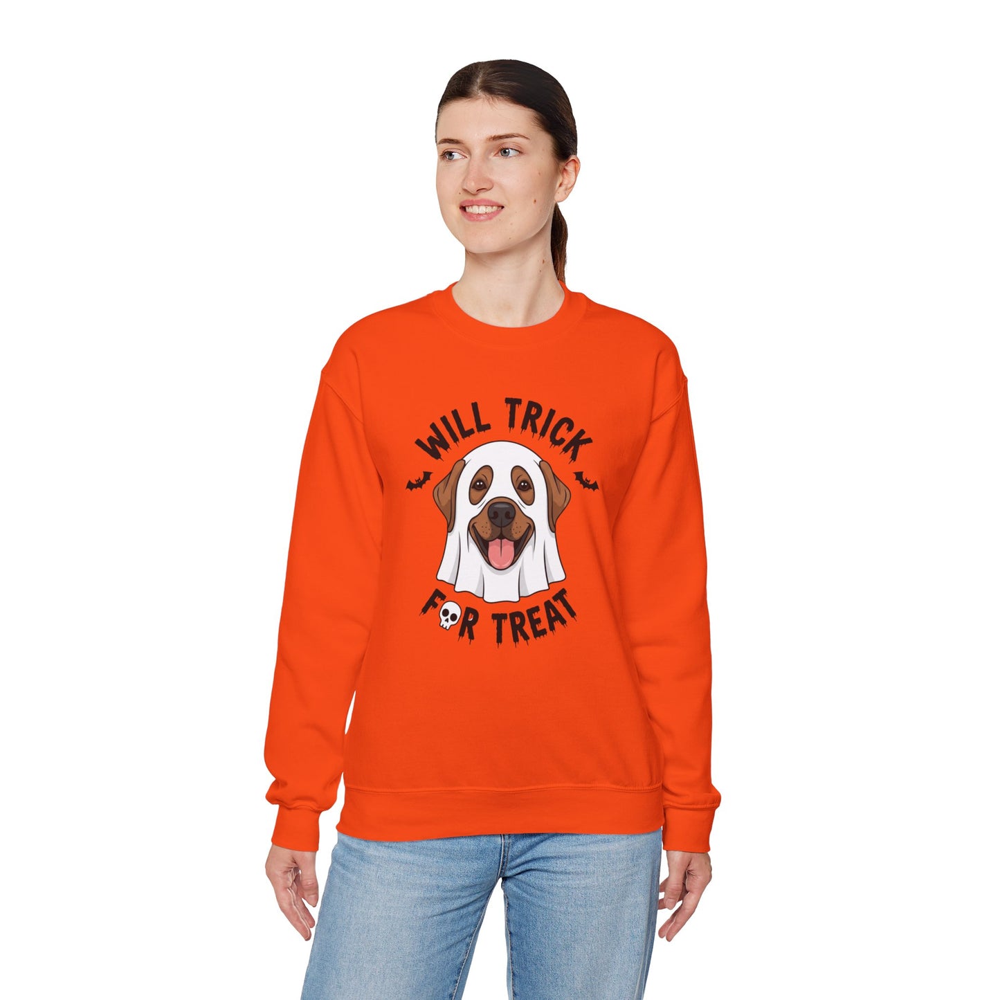 Will Trick for Treat Sweatshirt, Ghost Dog Halloween Crewneck, Funny Pet Costume Graphic Pullover, Trick-or-Treat Dog Lover Gift Sweater