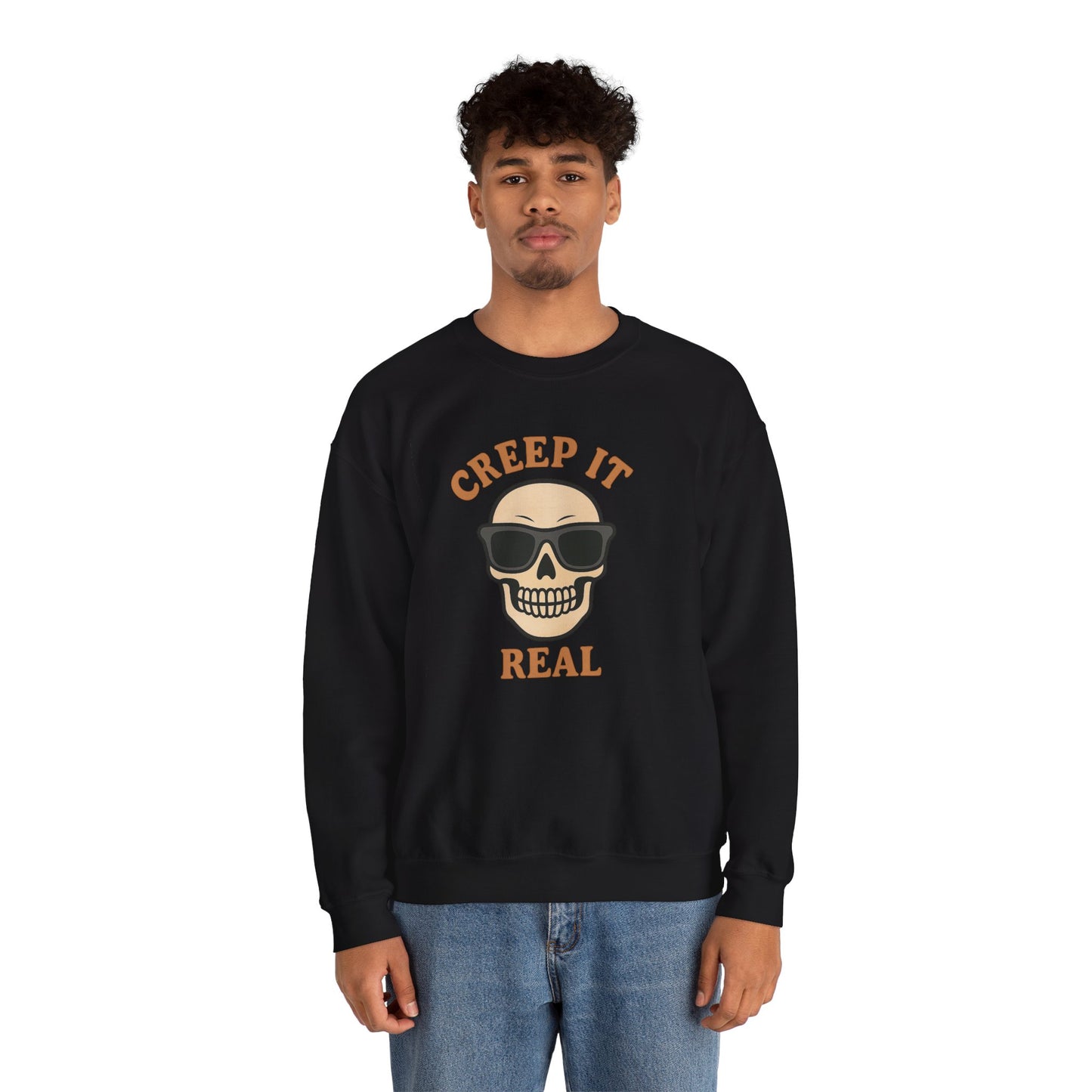 Creep It Real Skull Sweatshirt, Funny Halloween Skull Crewneck, Spooky Skeleton Pullover, Dark Graphic Sweatshirt, Unisex Halloween Gift