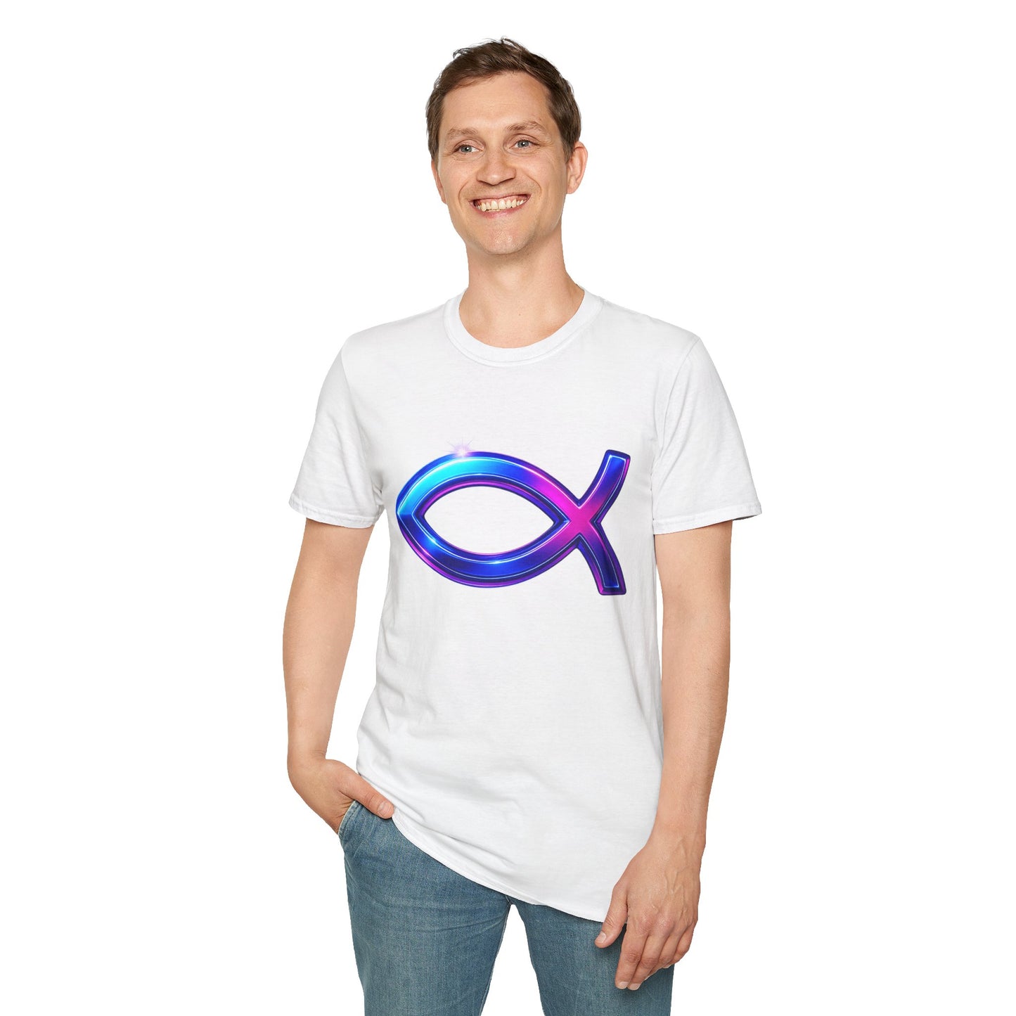 Neon Christian Fish T-Shirt, Modern Faith Tee, Ichthys Jesus Shirt, Spiritual Gift For Men And Women, Glow Cross Symbol Graphic Tee