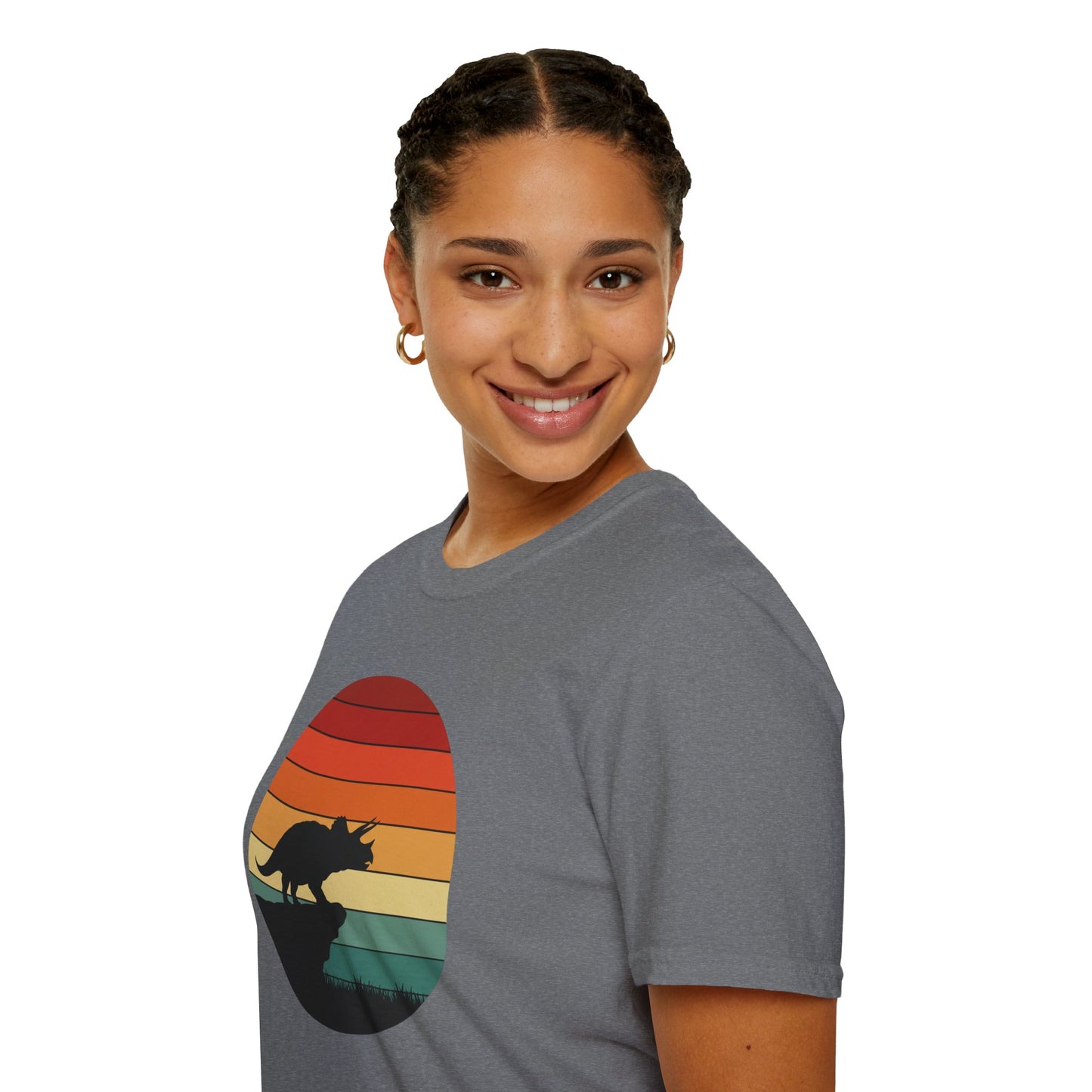 Retro Triceratops Sunset T-Shirt - Vintage Dino Graphic Tee - Unisex Softstyle Dinosaur Shirt - Nature and Prehistoric Lover Gift