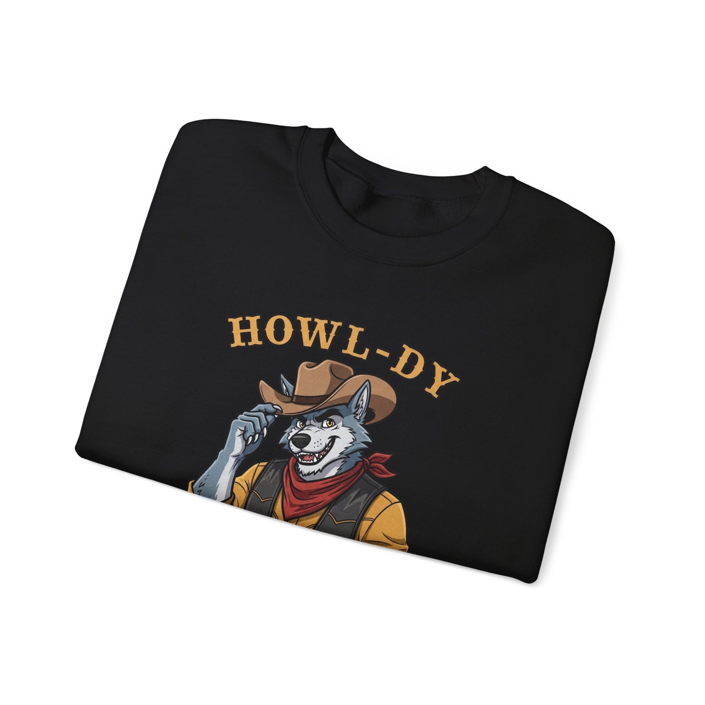 Howl-dy Partner Wolf Sweatshirt, Cowboy Werewolf Halloween Crewneck, Western Spooky Graphic Pullover for Animal Lover Gift Sweatshirt