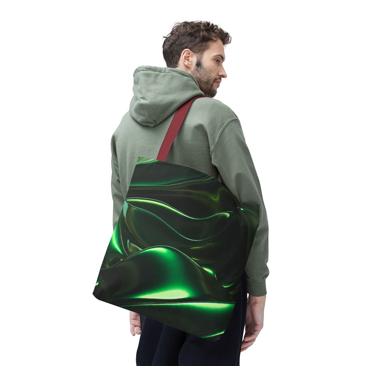 Futuristic Green Tote Bag - Abstract Metallic Wave Art Tote - Glossy Cyber Aesthetic Bag, Techwear Vibes, Edgy Gamer Gift, Trendy Street Style