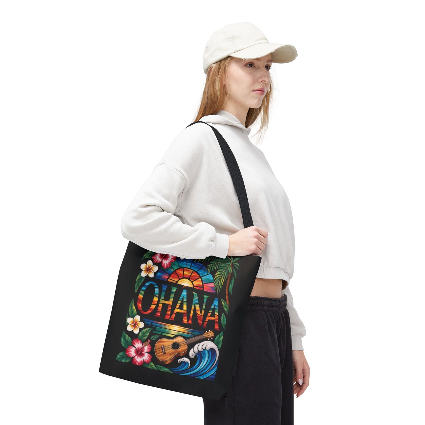 Ohana Tote Bag – Hawaiian Tropical Beach Bag with Ukulele, Sunset & Hibiscus Flowers, Island Gift for Women, Aloha Family Vibes