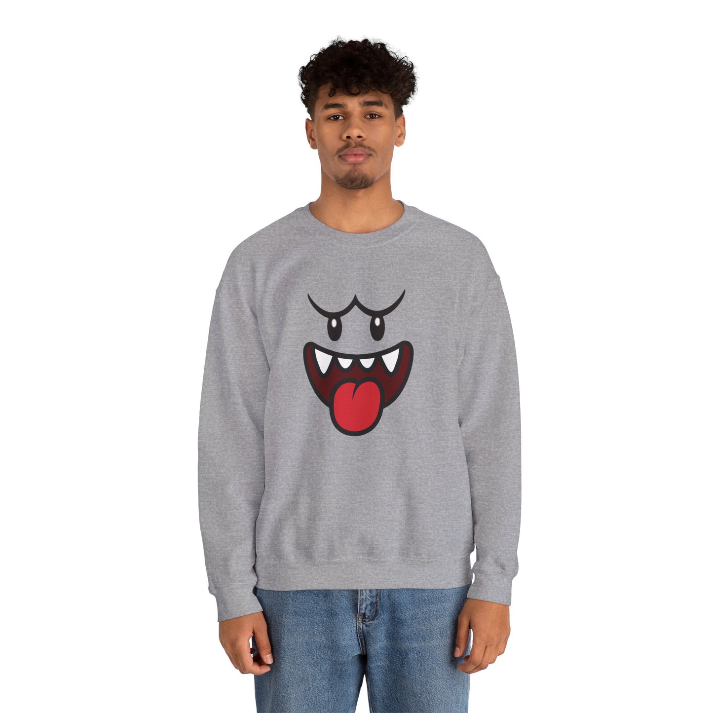 Spooky Grin Sweatshirt, Cartoon Ghost Face Crewneck, Halloween Grinning Ghost Sweatshirt, Cute Monster Smile Pullover, Spooky Season Graphic Sweat