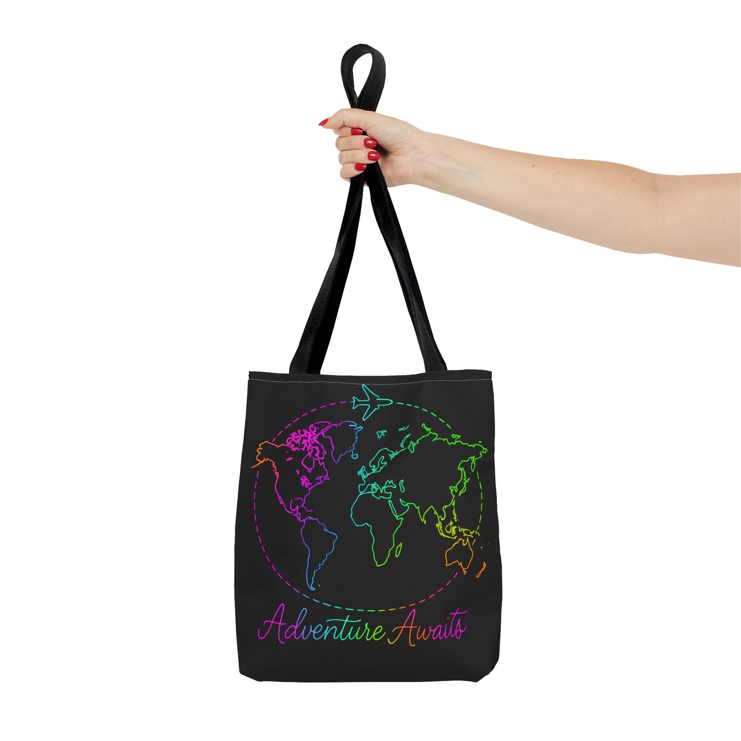 Adventure Awaits Neon Tote Bag - Y2K Rainbow World Map and Plane Travel Tote, Reusable Canvas Tote for Airport, Beach, Market + Gift