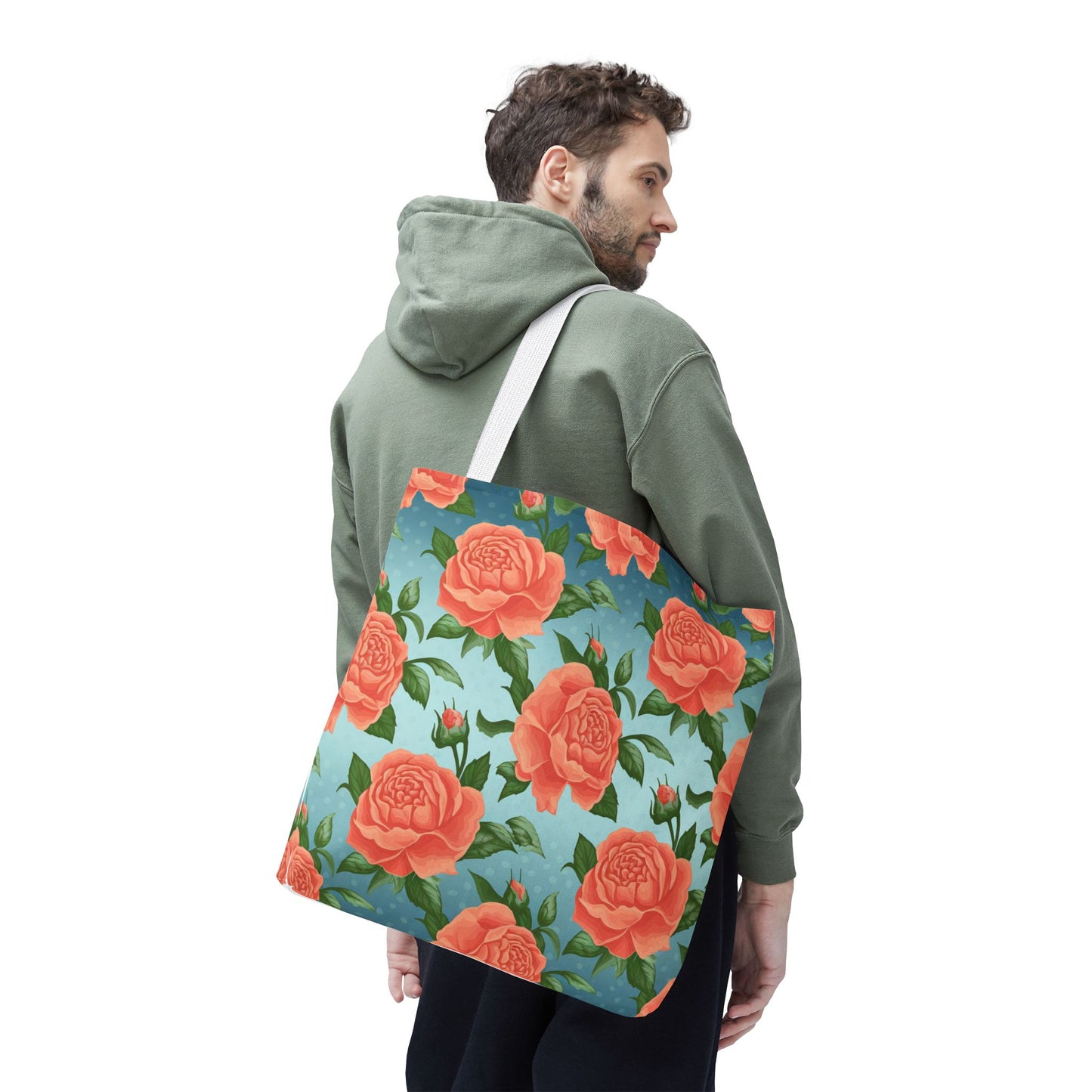Vintage Floral Tote Bag – Coral Rose Pattern on Blue Background – Aesthetic Everyday Carry Bag – Reusable Fabric Market Tote Gift