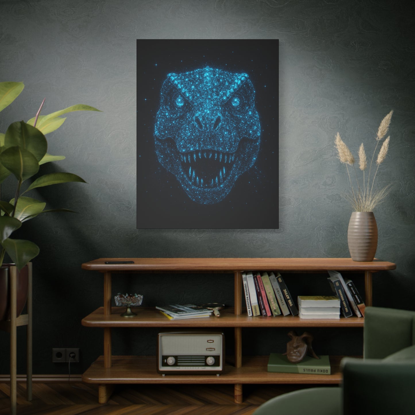 T-Rex Canvas Art - Blue Bioluminescent Particles Dinosaur Wall Decor, Modern Sci-Fi Bedroom Print, Kids and Adult Room Art Gift