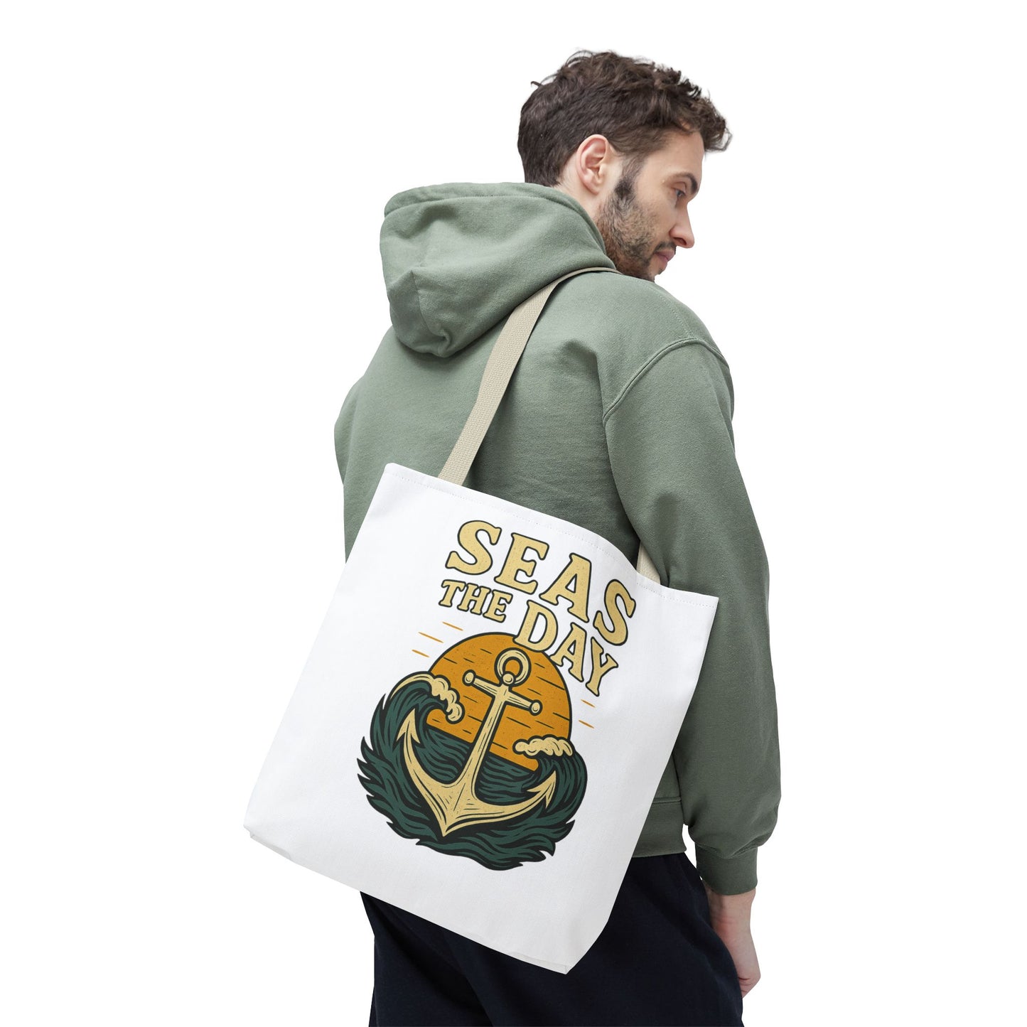 "Seas the Day" Nautical Tote Bag – Funny Beach Quote Canvas Bag with Anchor | Coastal Gift Idea for Summer, Travel, or Daily Use