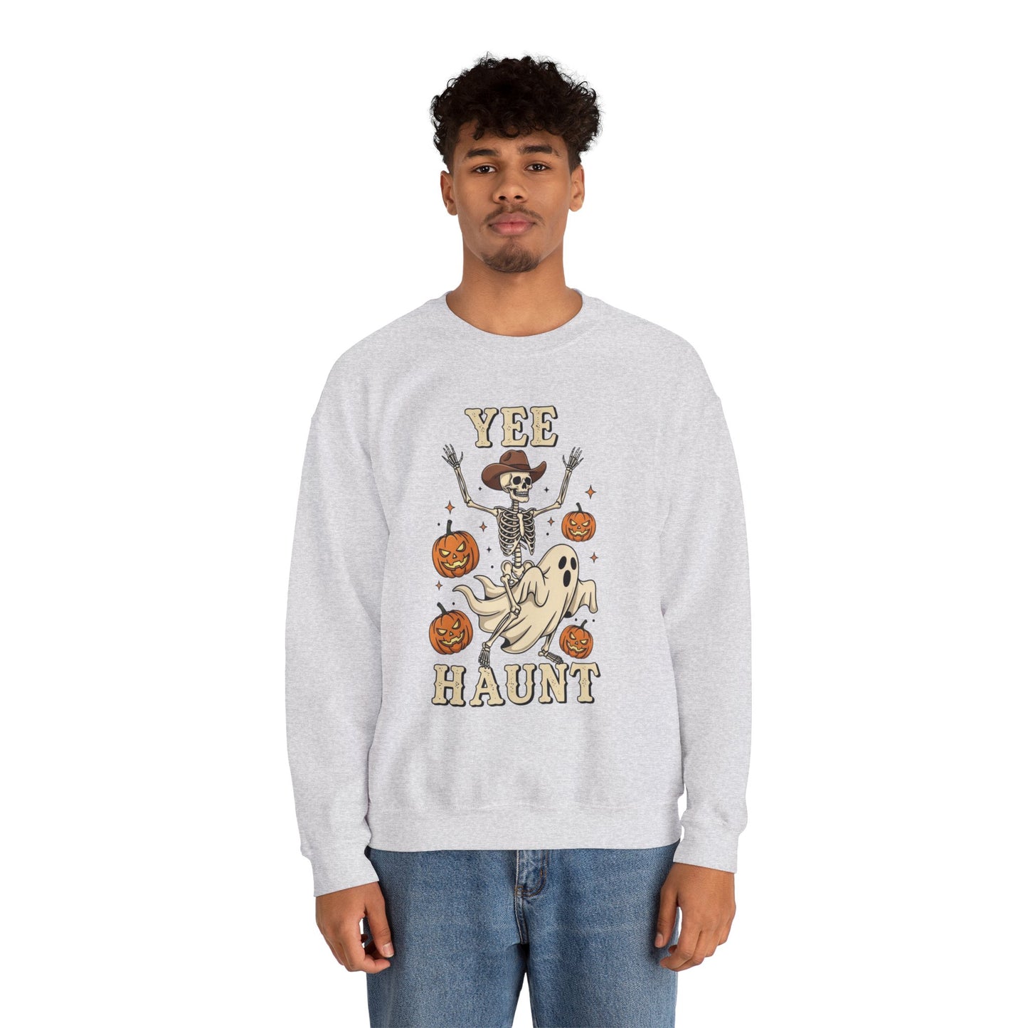 Yee Haunt Sweatshirt, Skeleton Ghost Pullover, Funny Halloween Crewneck, Spooky Pumpkin Ghost Tee, Haunting Night Graphic Sweatshirt