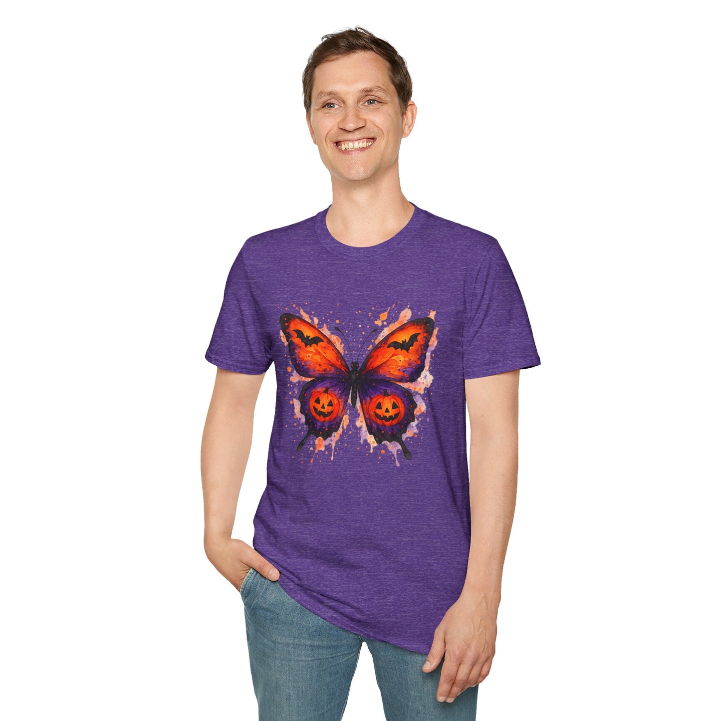 Halloween Watercolor Butterfly T-Shirt - Pumpkin Butterfly Tee, Spooky Butterfly Shirt, Bat and Jack-O'Lantern Wings, Fall Aesthetic Tee