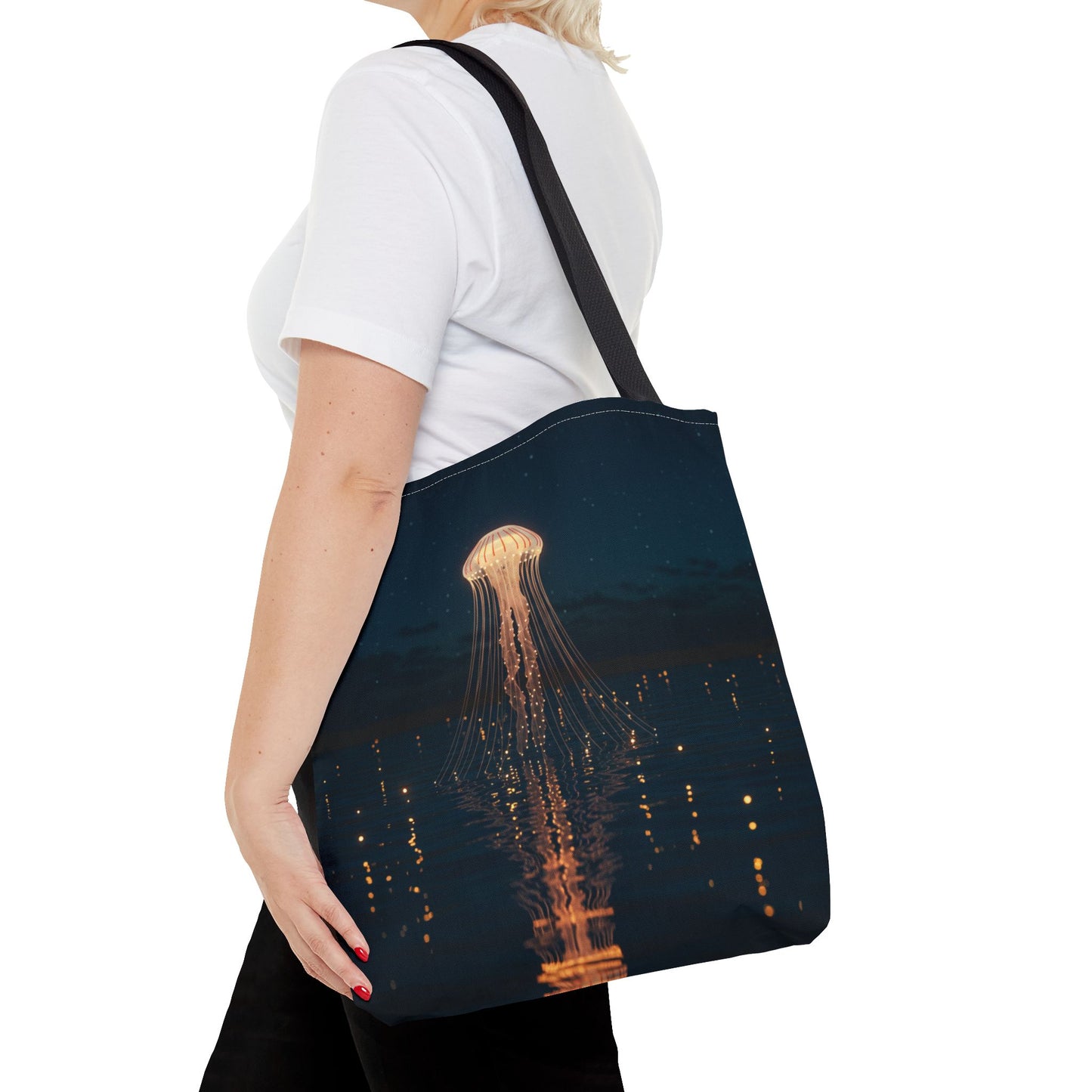 Luminous Jellyfish Tote Bag, Glow-Inspired Ocean Design Shoulder Bag, Durable Polyester Tote For Everyday Style, Gifts, And Coastal Fashion