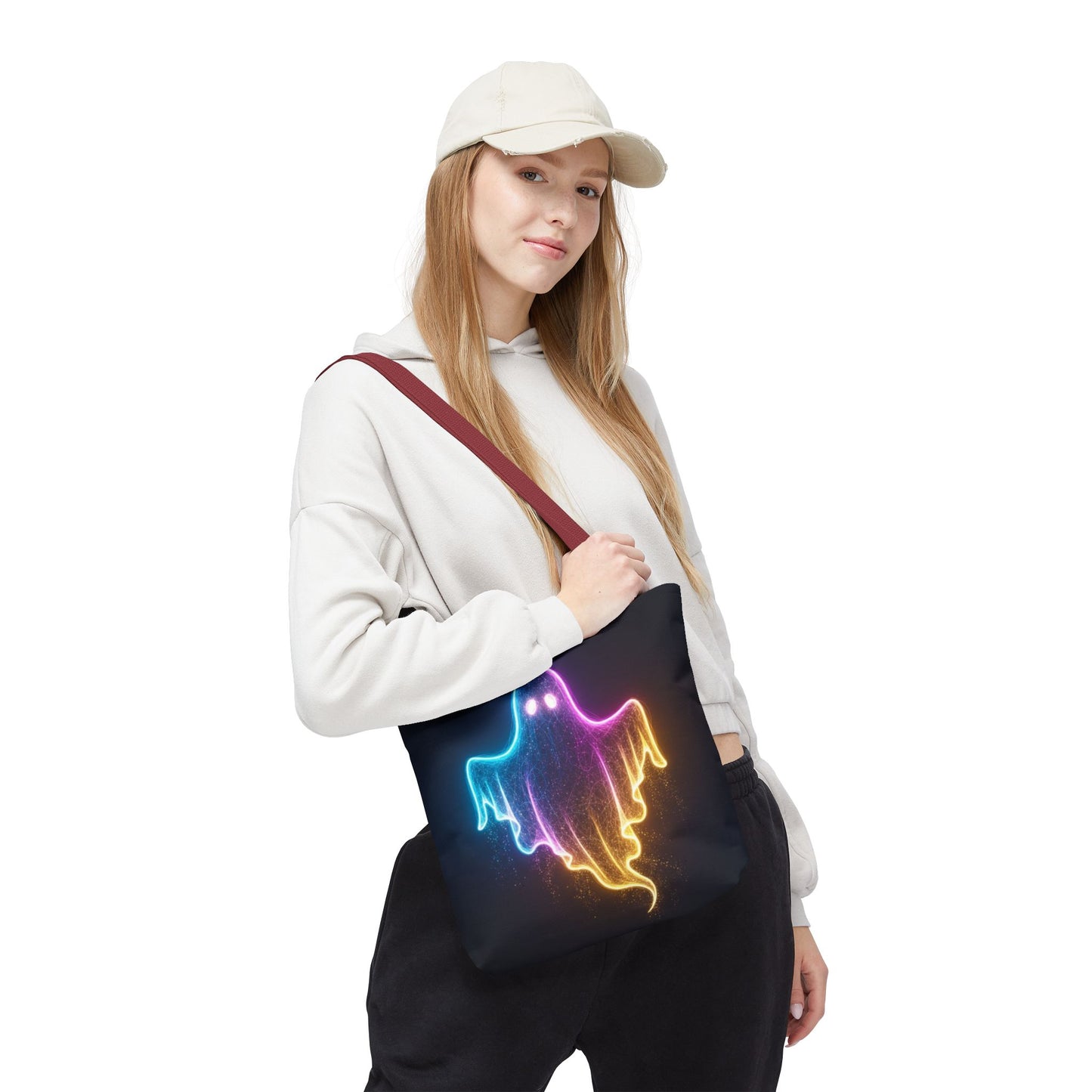 Neon Ghost Tote Bag - Bright Colorful Ghost Print Shoulder Tote, Spooky Cute Reusable Canvas Bag, Halloween Aesthetic Everyday Carry