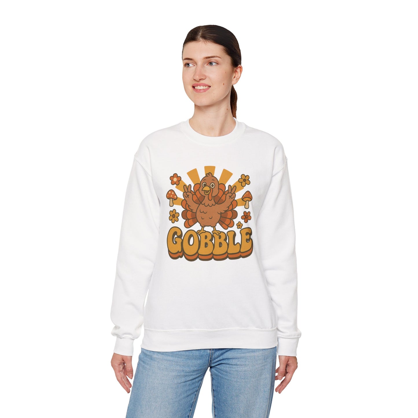 Gobble Turkey Sweatshirt, Retro Fall Turkey Crewneck, Thanksgiving Graphic Pullover, Autumn Mushroom & Flower Design, Cozy Fall Top