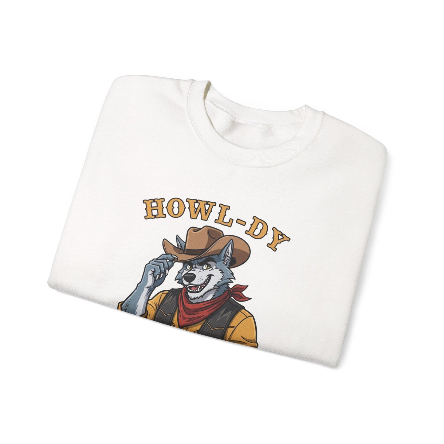 Howl-dy Partner Wolf Sweatshirt, Cowboy Werewolf Halloween Crewneck, Western Spooky Graphic Pullover for Animal Lover Gift Sweatshirt