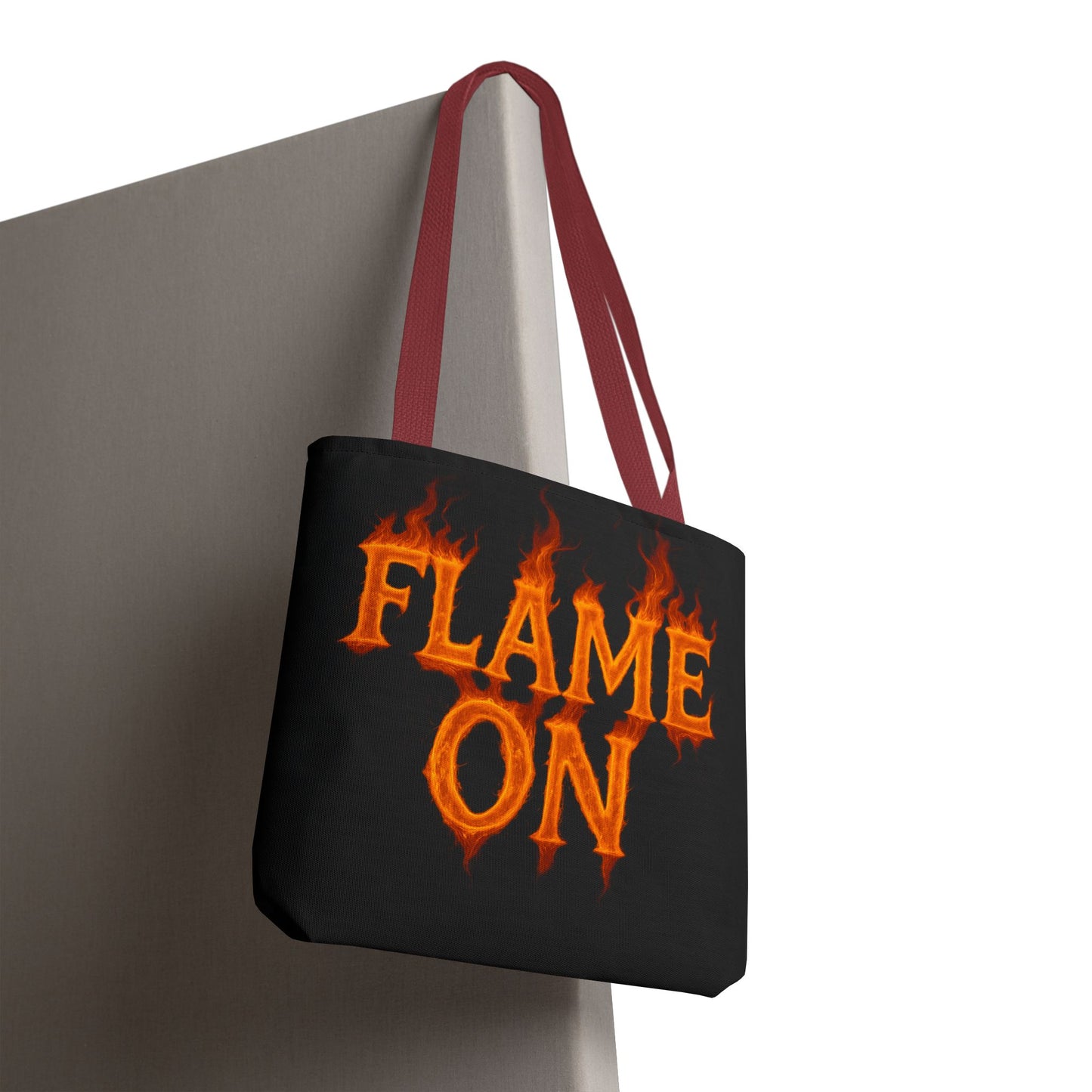 Flame On Tote Bag - Fire Typography Black Bag for Book Lovers, Gym, or Groceries | Bold Comic-Inspired Catchphrase Tote