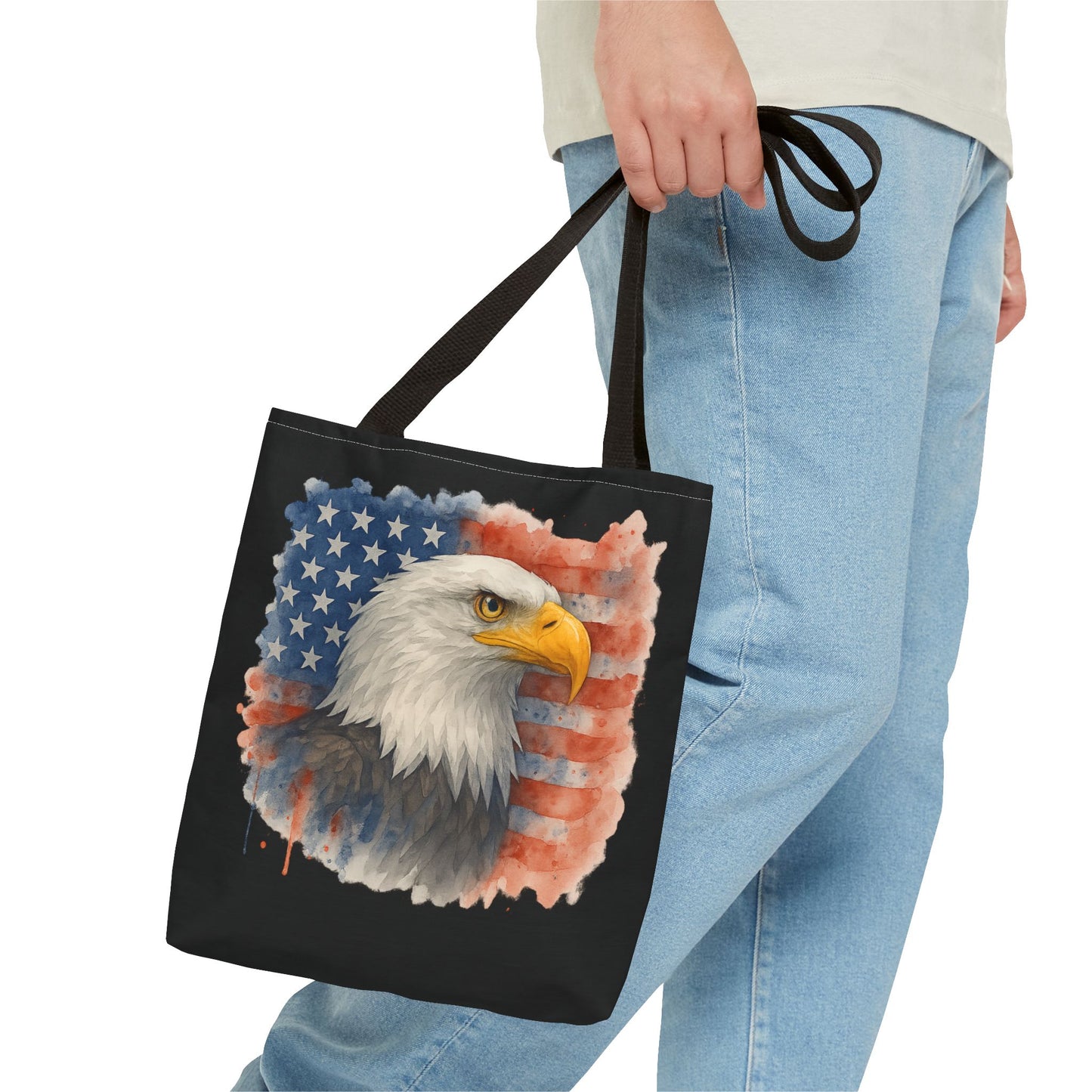Patriotic Tote Bag with American Flag and Bald Eagle Watercolor Print 4th of July Bag Memorial Day Tote Veteran's Day Tote Bag