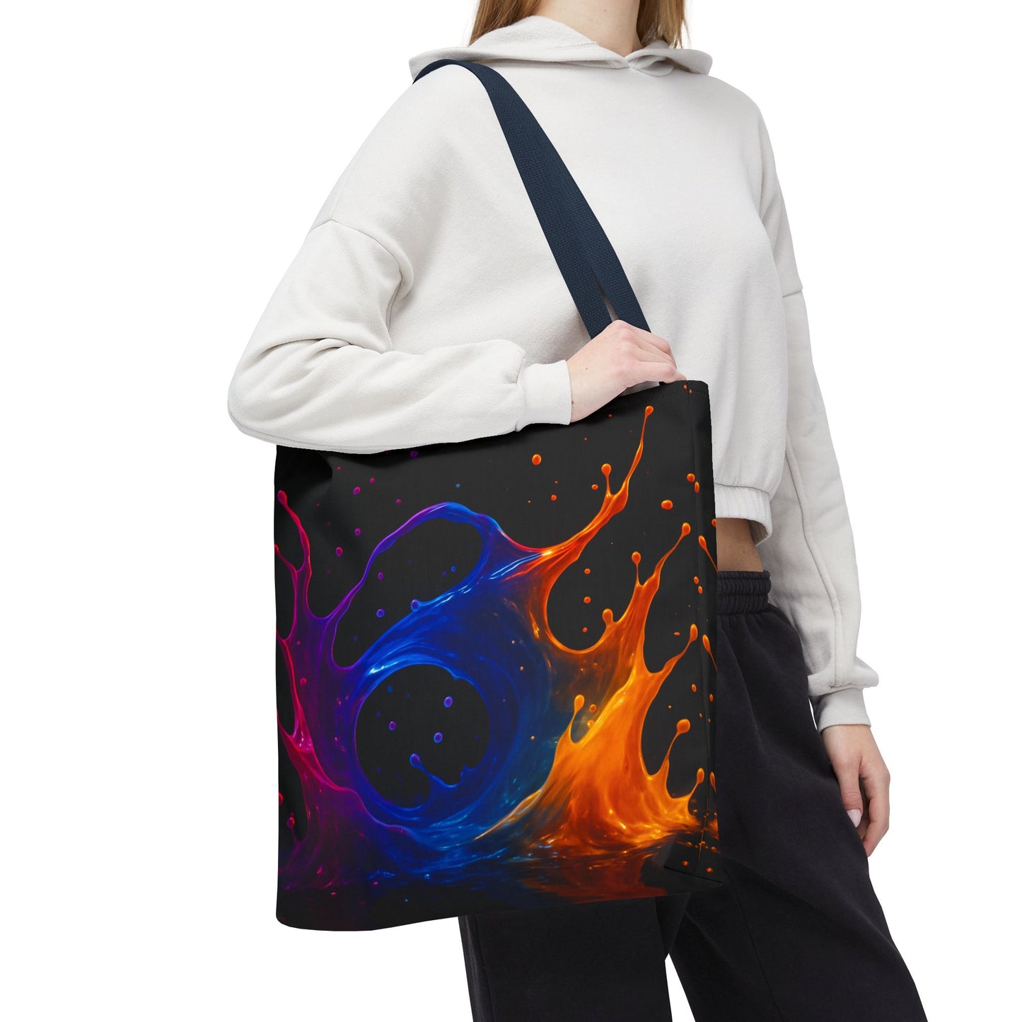 Elemental Fusion Tote Bag, Fire And Water Abstract Art Design, Vibrant Blue And Orange Splash Reusable Tote For Artists, Travel, And Everyday Use