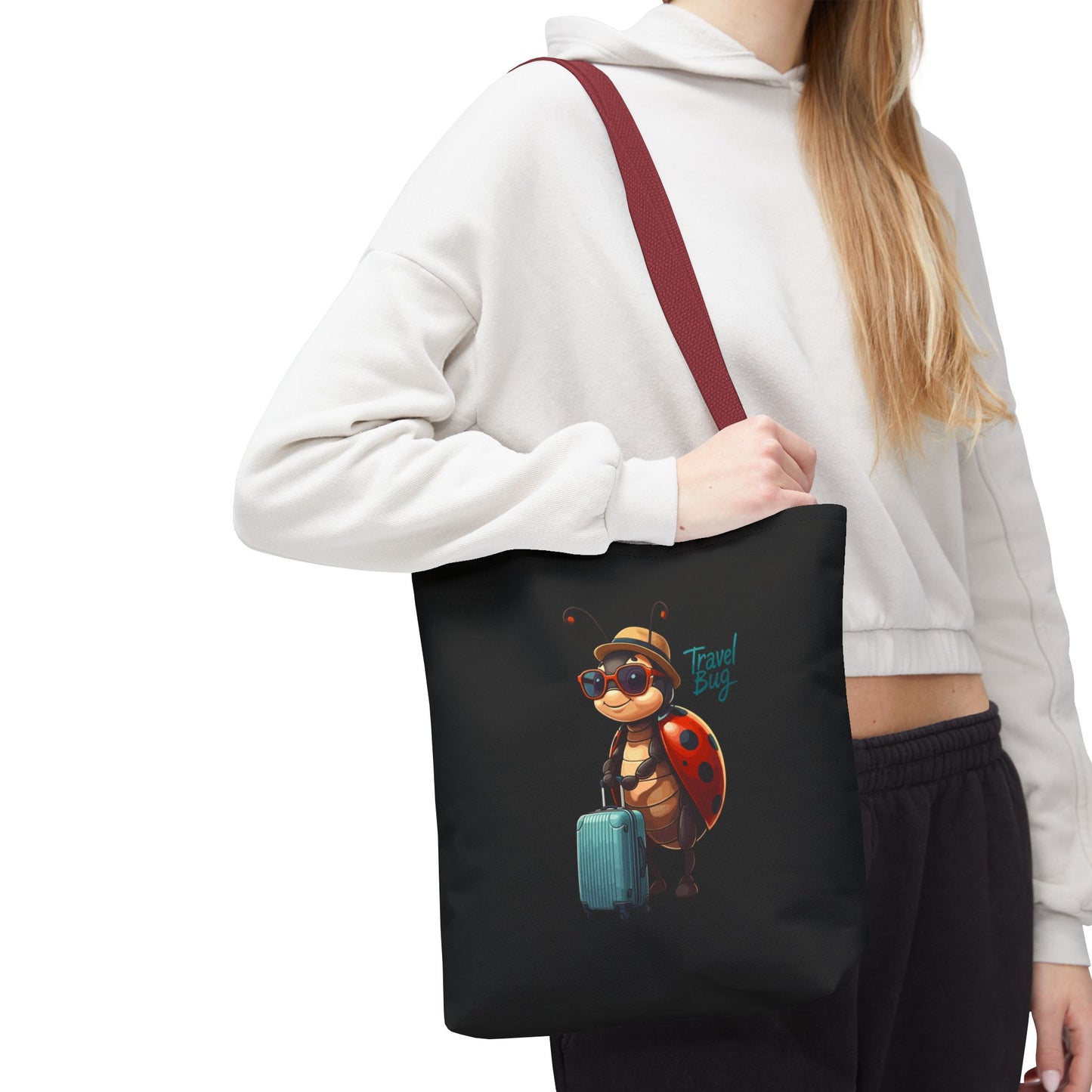 Travel Bug Tote Bag | Cute Ladybug with Suitcase Art Tote – Whimsical Travel Accessory, Aesthetic Canvas Bag | Gift for Travelers