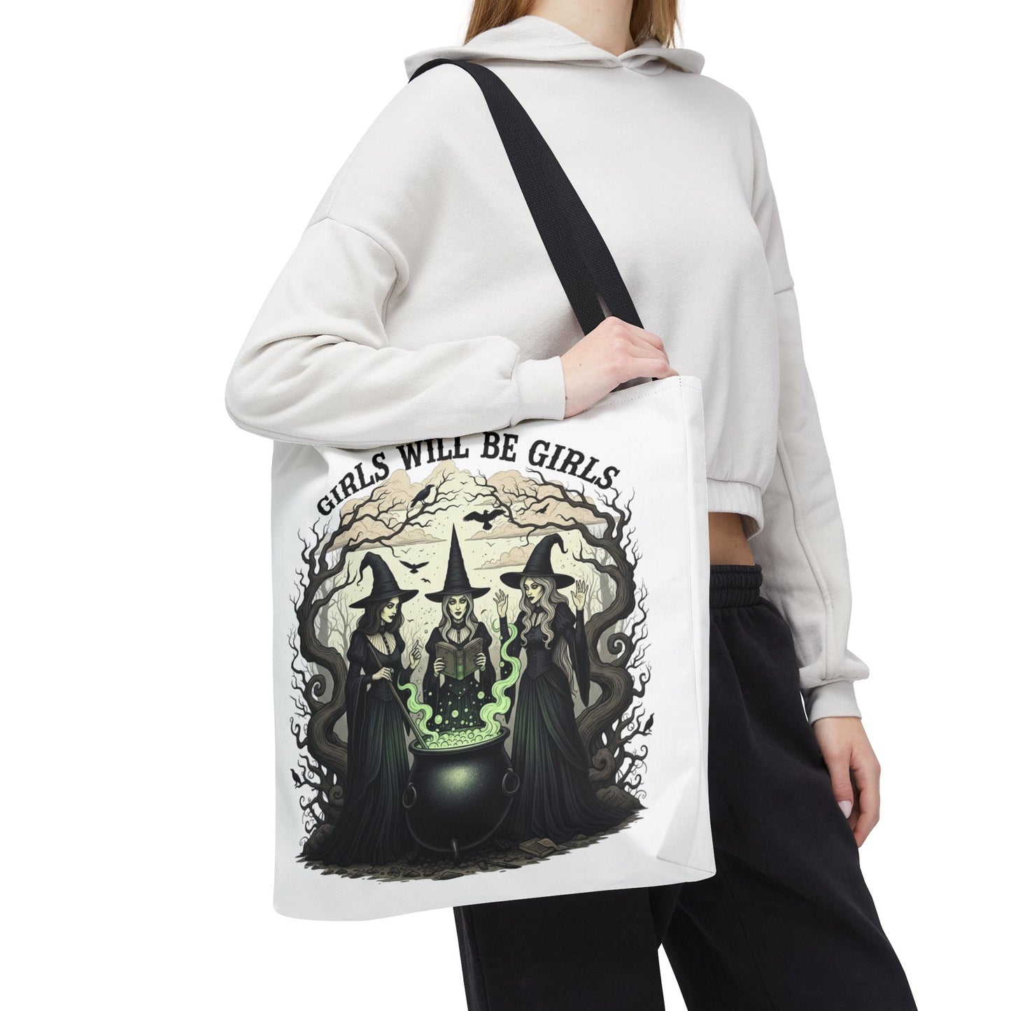 Girls Will Be Girls Halloween Tote Bag, Witchy Aesthetic Bag, Gothic Witches Cauldron Art, Spooky Gift, Reusable Eco Tote For Halloween Lovers