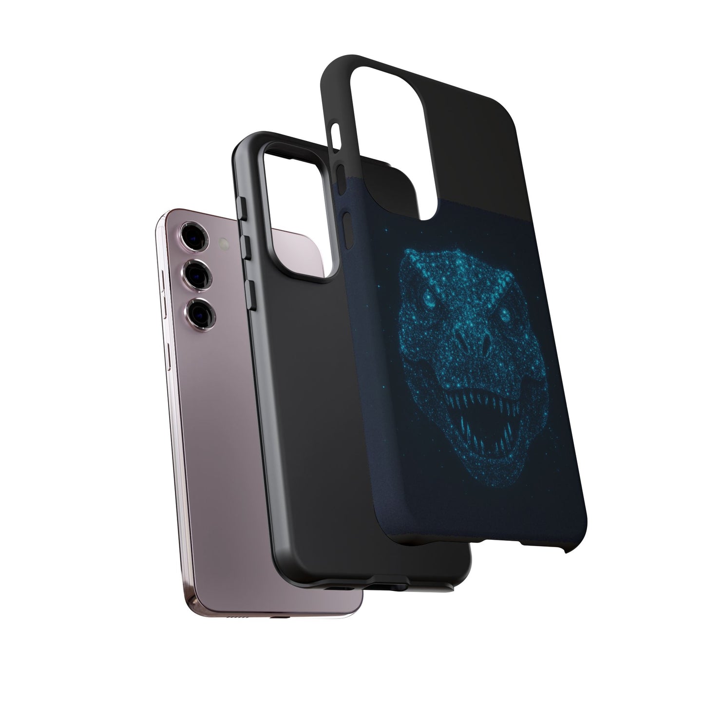Bioluminescent T-Rex Samsung Case - Galaxy Tough Dual-Layer Cover, Cosmic Dino Particle Design, S25 S24 S23 Gift