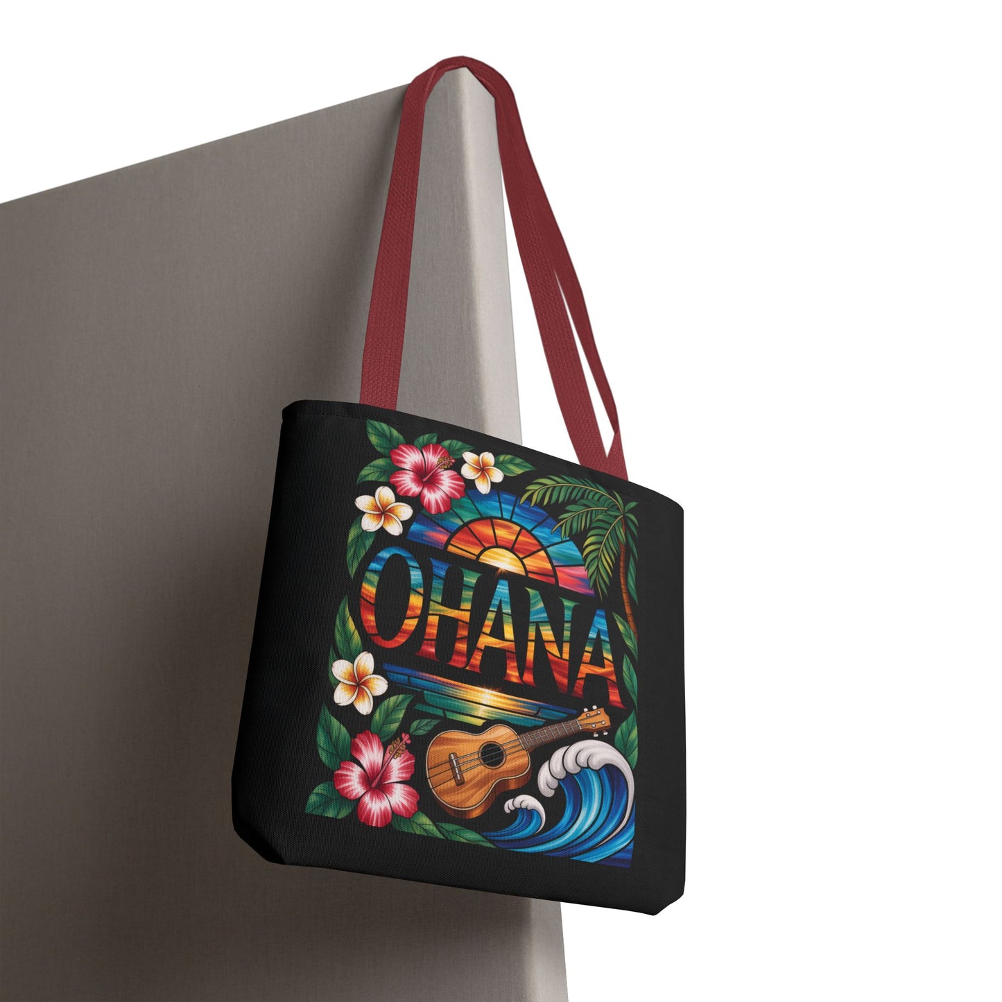 Ohana Tote Bag – Hawaiian Tropical Beach Bag with Ukulele, Sunset & Hibiscus Flowers, Island Gift for Women, Aloha Family Vibes
