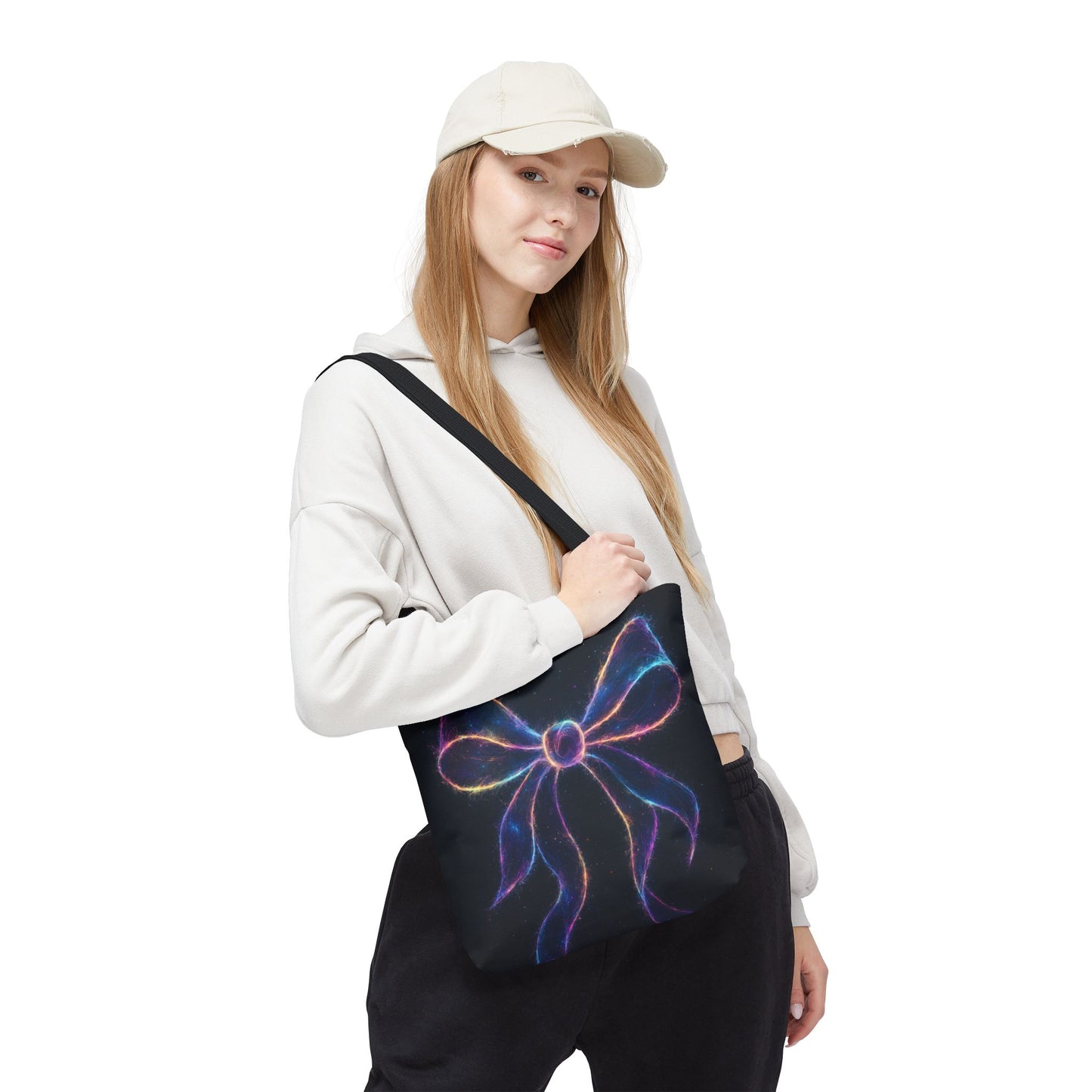 Galaxy Glow Bow Tote Bag, Cosmic Neon Ribbon Design, Black Space Art Bag, Celestial Gift For Her, Stylish Reusable Everyday Tote