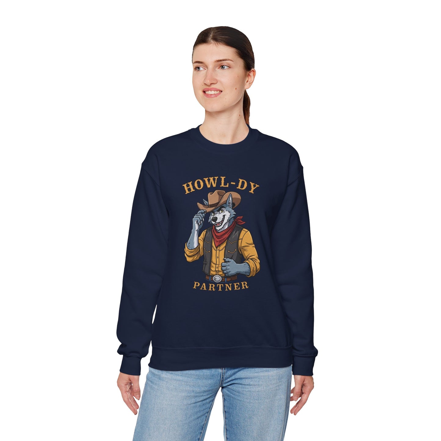 Howl-dy Partner Wolf Sweatshirt, Cowboy Werewolf Halloween Crewneck, Western Spooky Graphic Pullover for Animal Lover Gift Sweatshirt