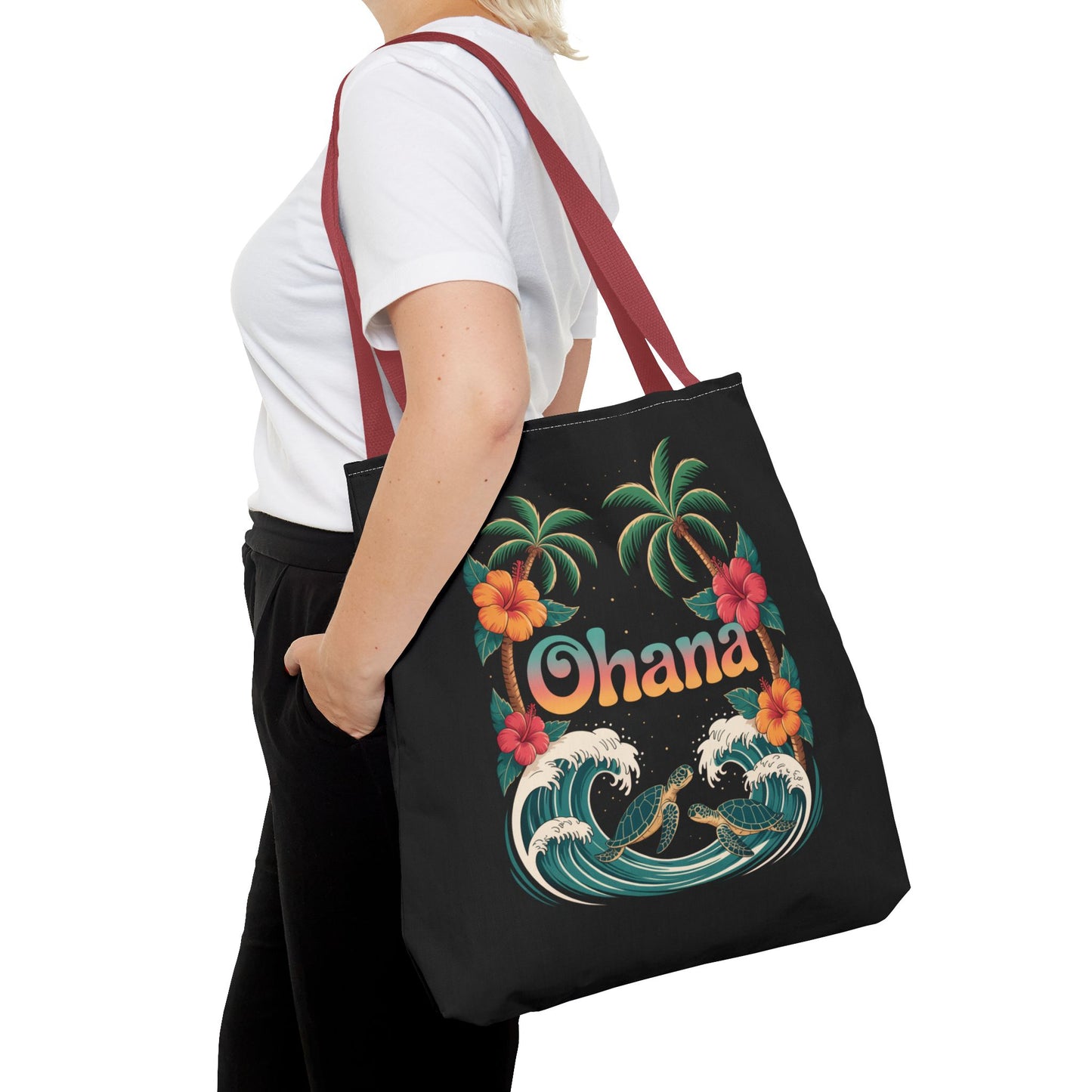 Ohana Tote Bag – Hawaiian Beach Tote with Sea Turtles & Palm Trees – Floral Tropical Reusable Bag, Summer Gift, Aesthetic Travel Purse