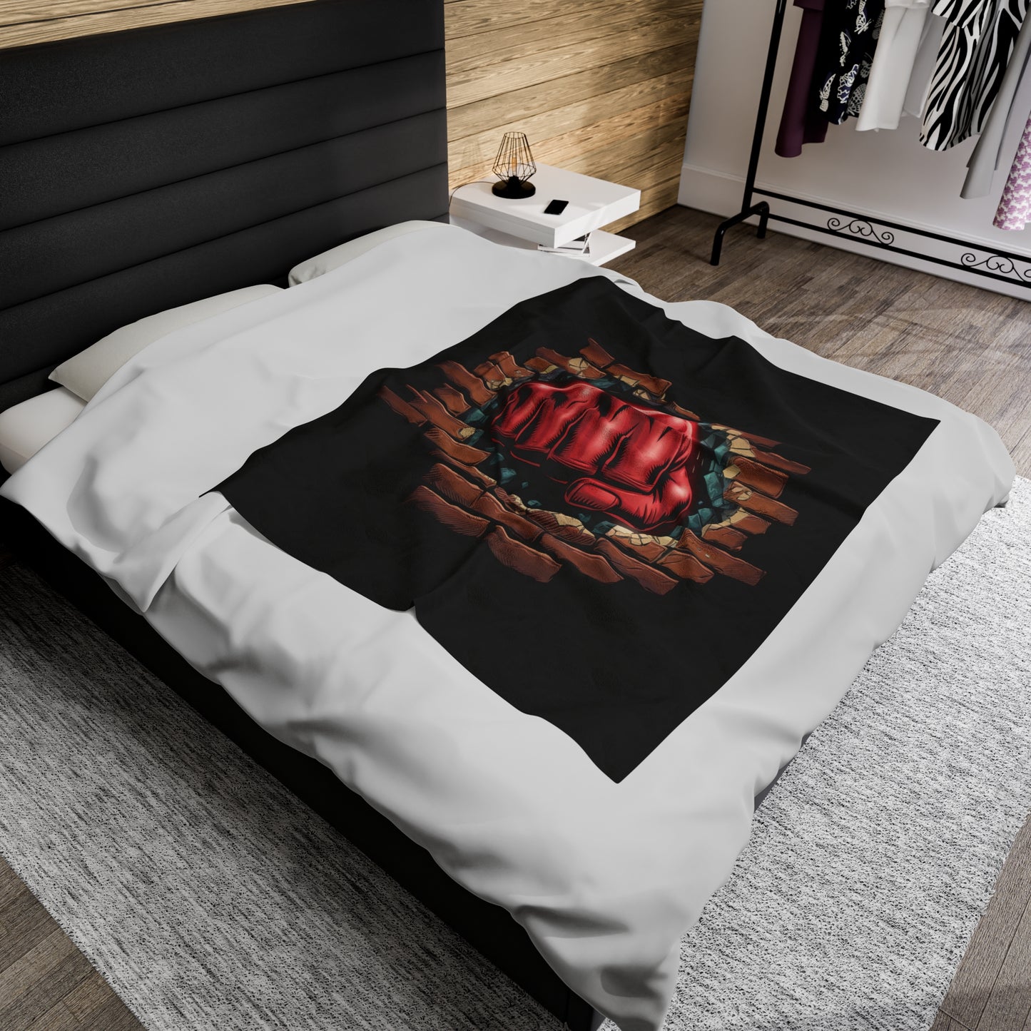 Plush Blanket - Red Fist Smashing Through Brick Wall Design
