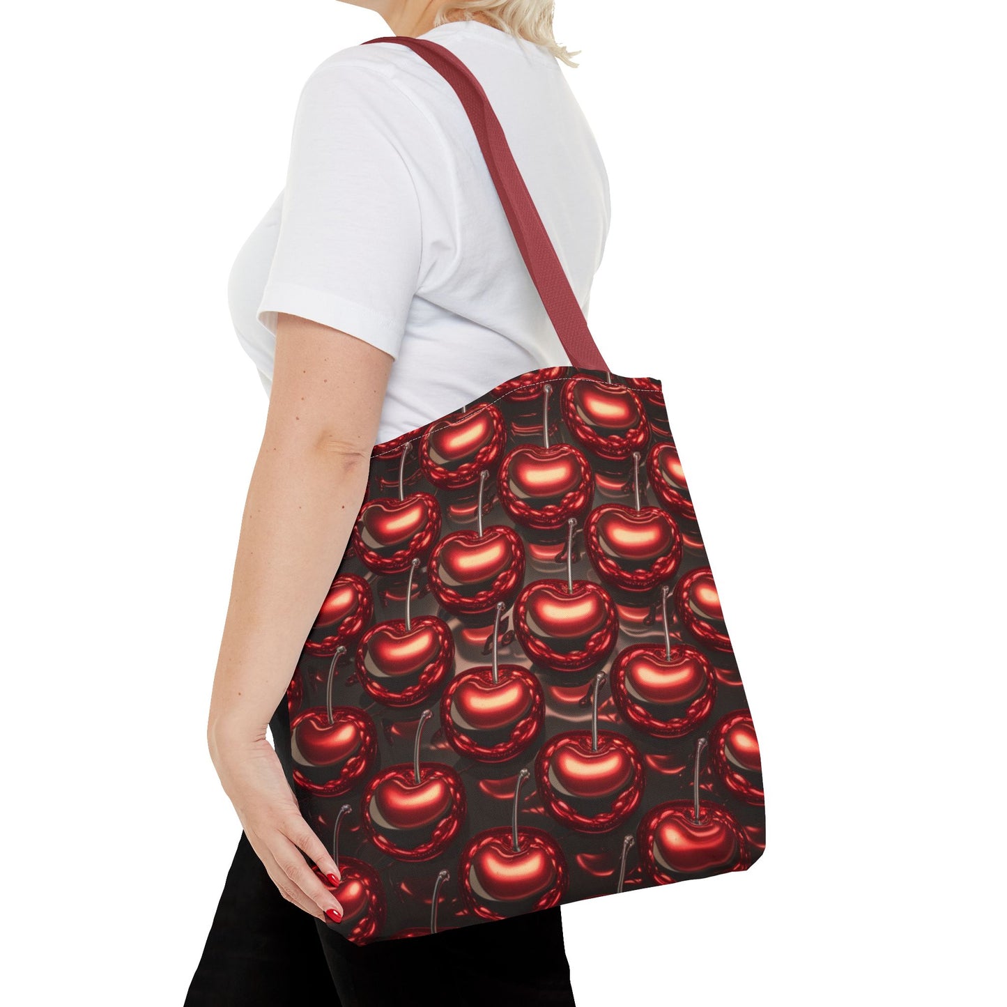 Glossy Cherry Pattern Canvas Tote Bag – Retro Black & Red Cherry Print, Coquette Cottagecore Aesthetic Shopper Tote, Fruit Lover Gift