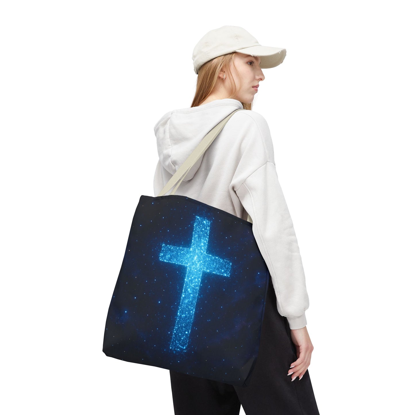 Sparkling Cross Tote Bag - Inspirational Blue Cosmic Bag Christian Tote Spiritual Bag Inspirational Tote Bag