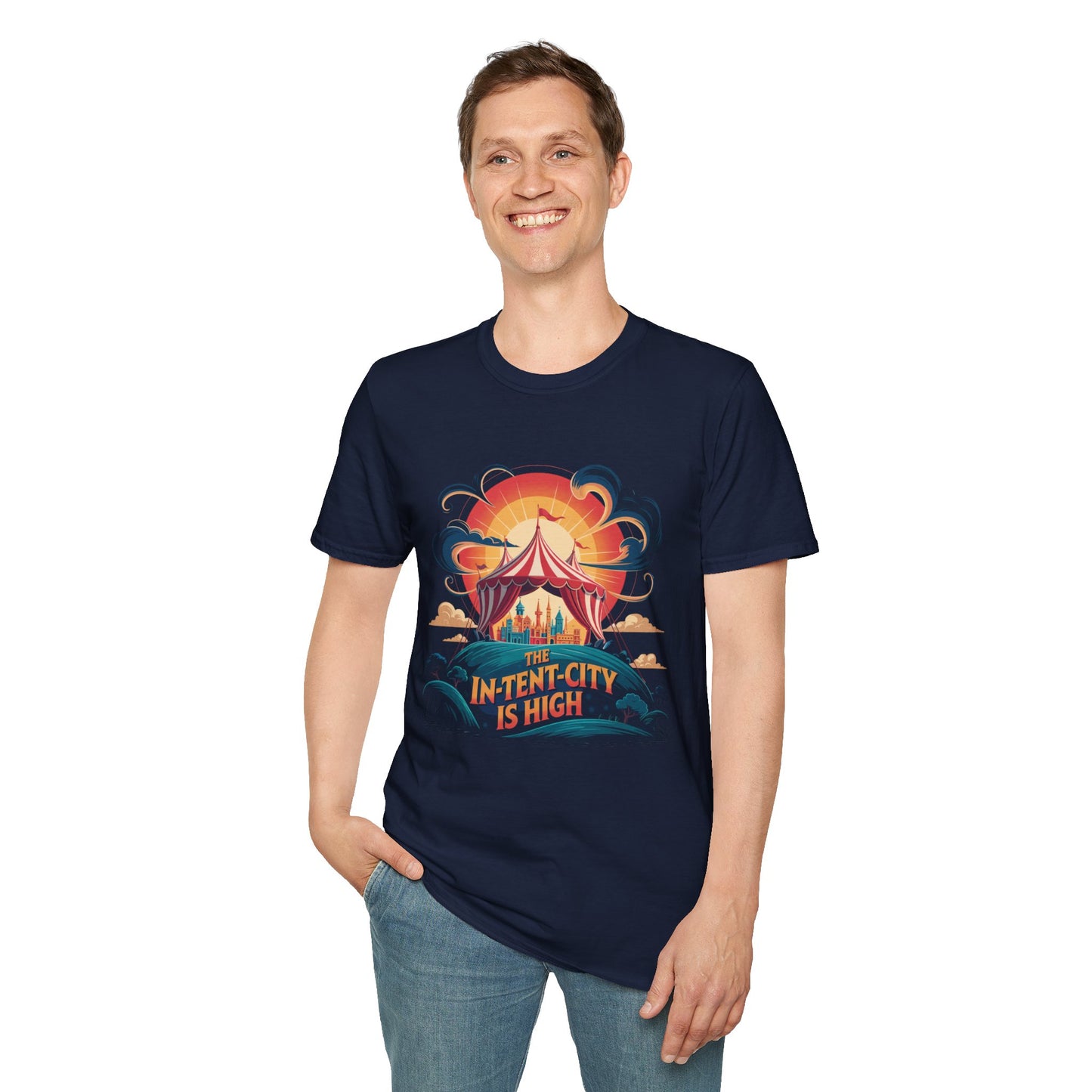 In-Tent-City Is High Retro Camp T-Shirt | Vintage Circus Tent + Cityscape Graphic | Funny Outdoors Urban Adventure Tee | Unisex Camper Shirt