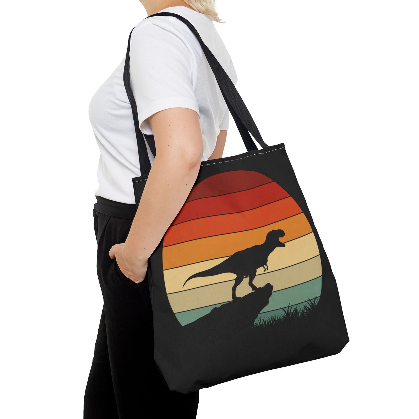 Retro Dinosaur Sunset Tote Bag | AOP Canvas Shopper - Eco Beach Bag for Dino Lovers and Kids, All-Over Print Summer Travel Gift