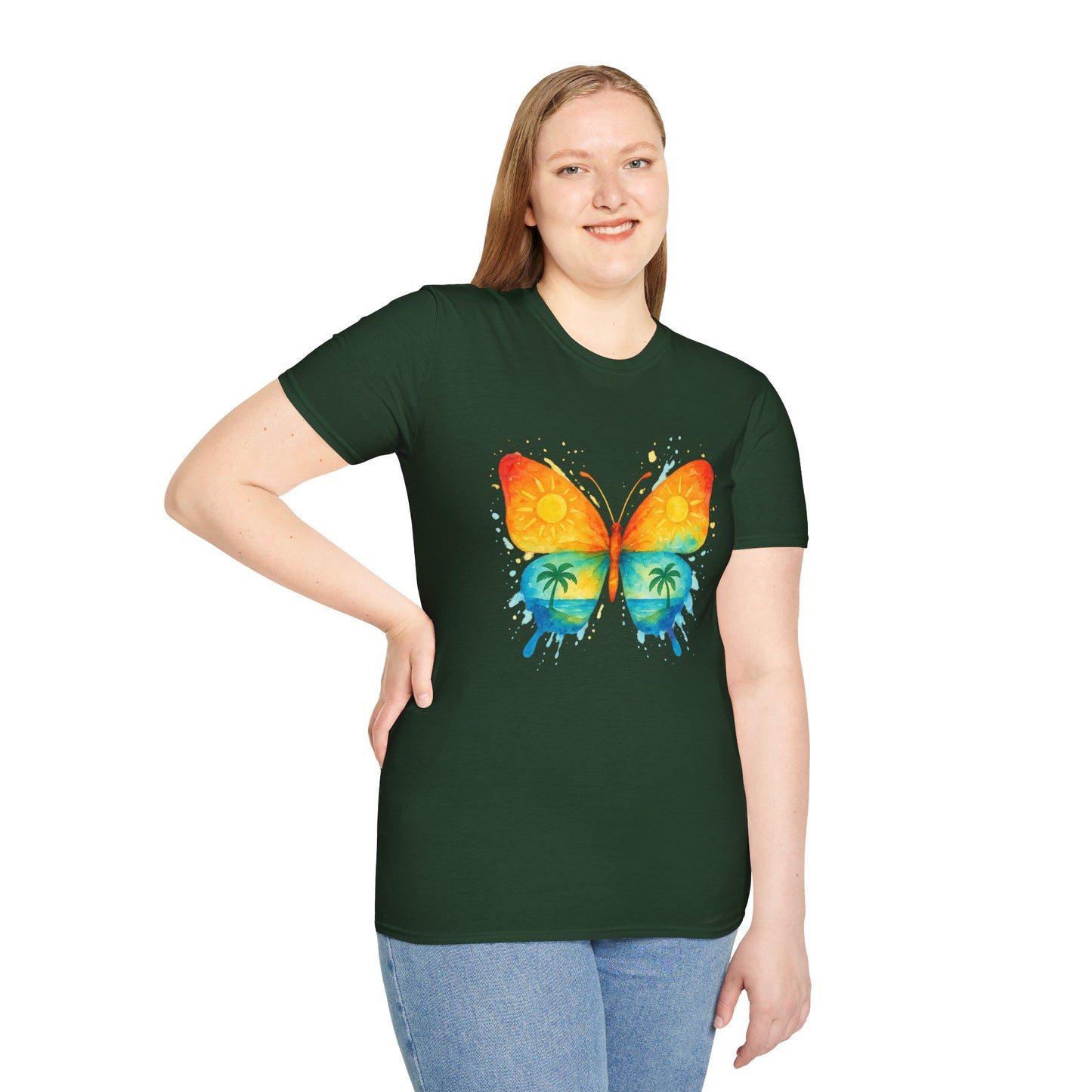 Butterfly Sunset Beach Tee - Ocean & Palm Watercolor Butterfly T-Shirt, Coastal Boho Graphic, Nature Lover Gift, Unisex Casual Tee