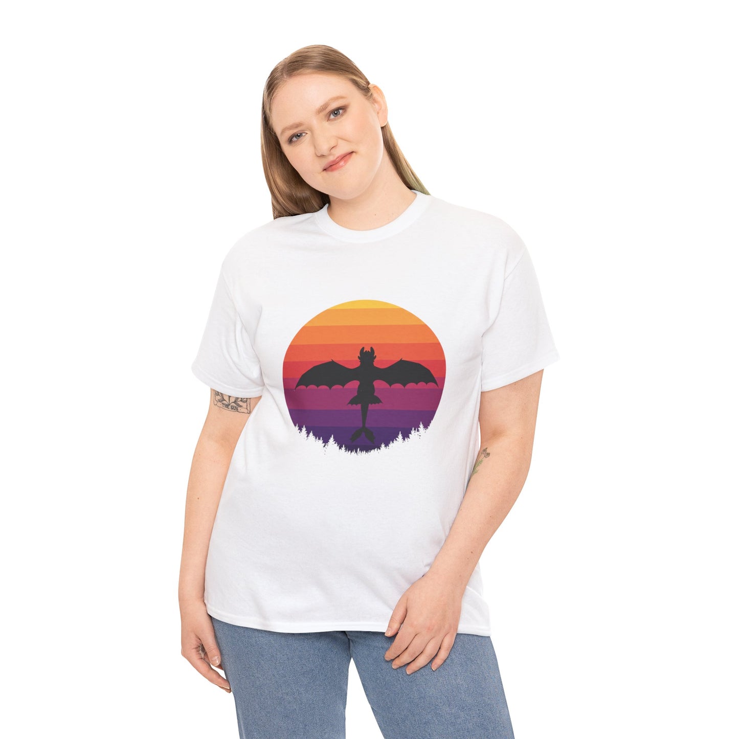 Night Dragon Sunset T-Shirt | Retro Dragon Silhouette Tee | Fantasy Dragon Shirt | Unisex Graphic Tee | Gift for Dragon Lovers