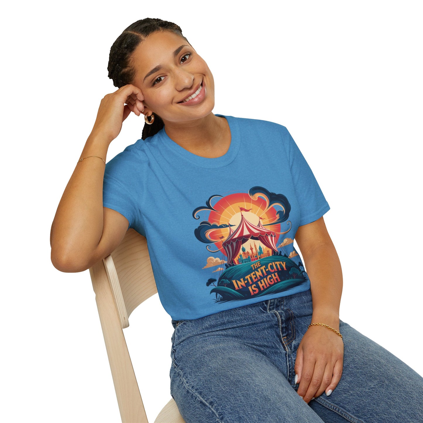 In-Tent-City Is High Retro Camp T-Shirt | Vintage Circus Tent + Cityscape Graphic | Funny Outdoors Urban Adventure Tee | Unisex Camper Shirt
