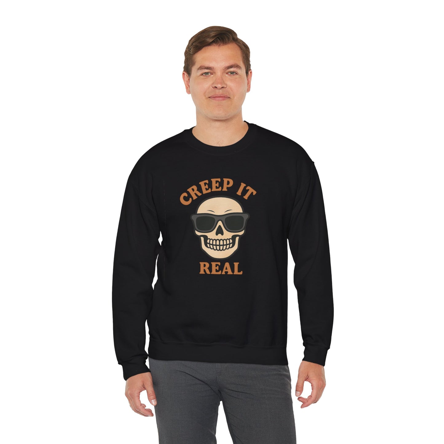Creep It Real Skull Sweatshirt, Funny Halloween Skull Crewneck, Spooky Skeleton Pullover, Dark Graphic Sweatshirt, Unisex Halloween Gift