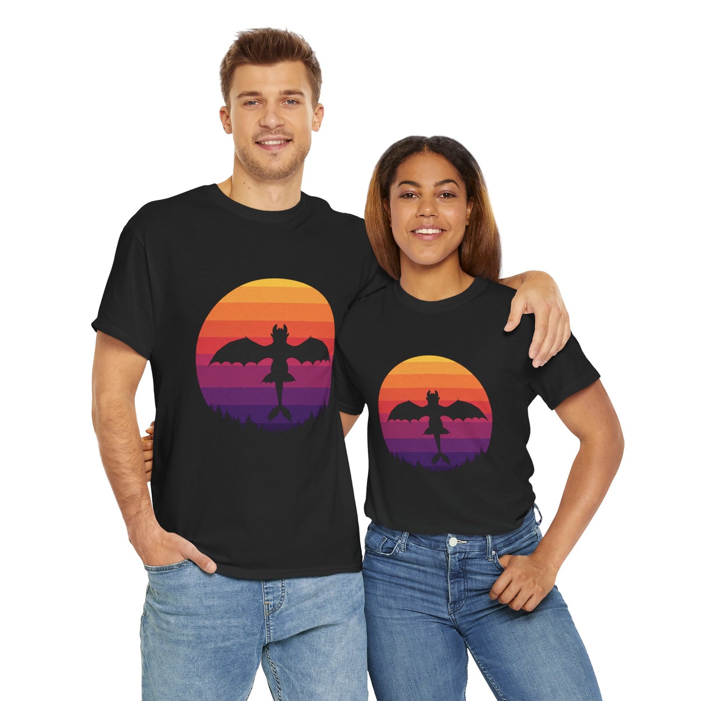 Night Dragon Sunset T-Shirt | Retro Dragon Silhouette Tee | Fantasy Dragon Shirt | Unisex Graphic Tee | Gift for Dragon Lovers