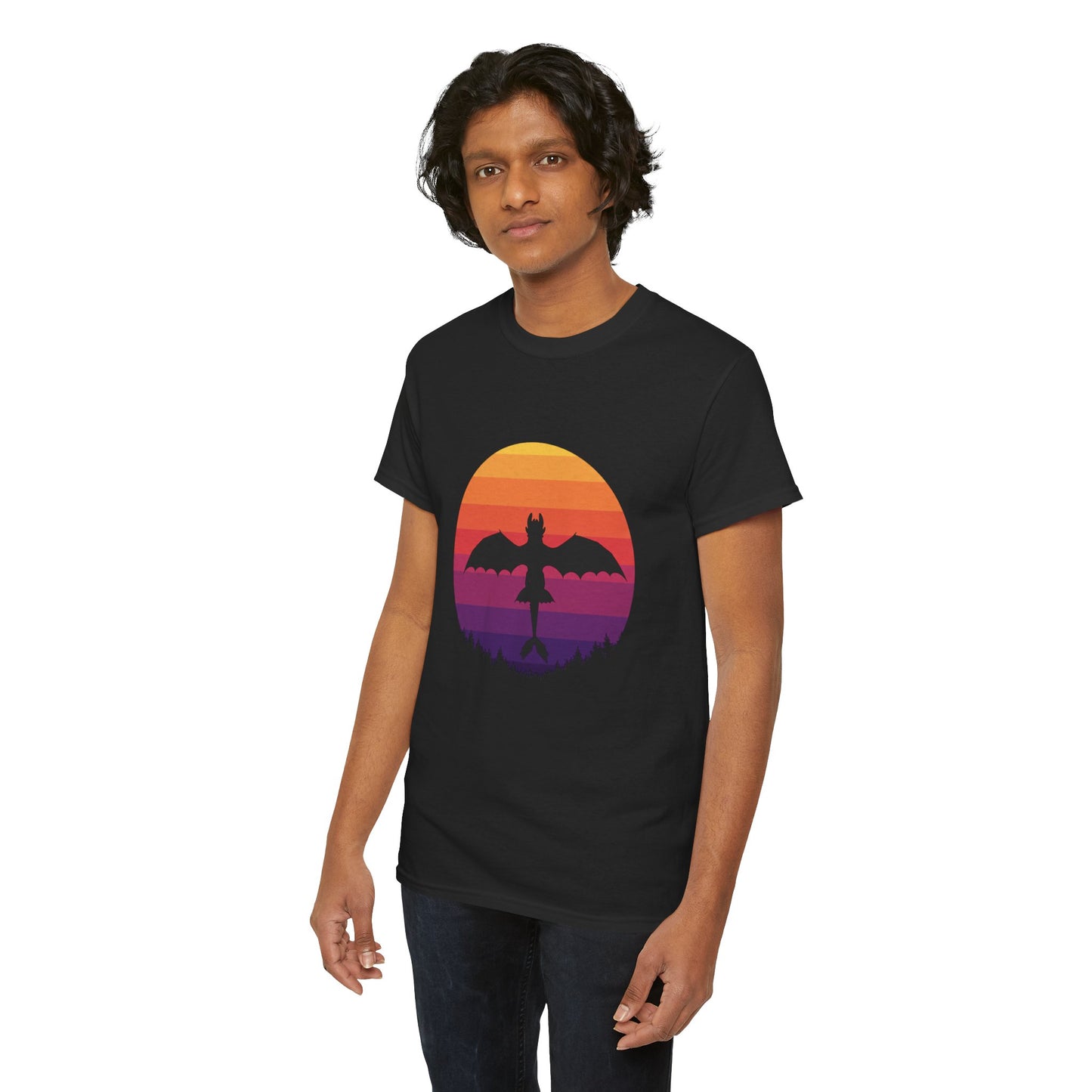 Night Dragon Sunset T-Shirt | Retro Dragon Silhouette Tee | Fantasy Dragon Shirt | Unisex Graphic Tee | Gift for Dragon Lovers