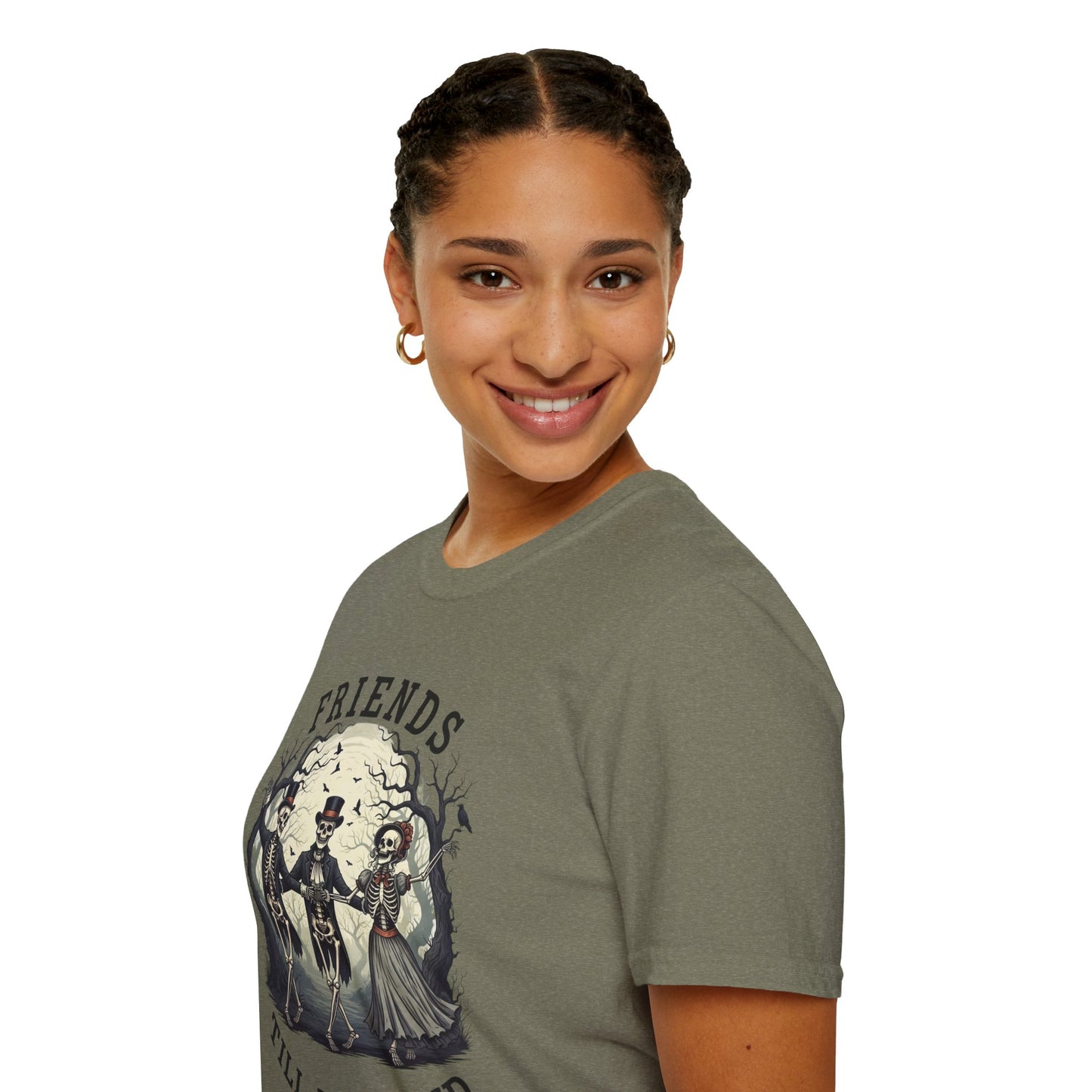 Friends Till The End Skeleton Tee | Dancing Skeleton Friends Shirt | Halloween Gothic BFF Gift | Unisex Heather Grey Graphic T-Shirt