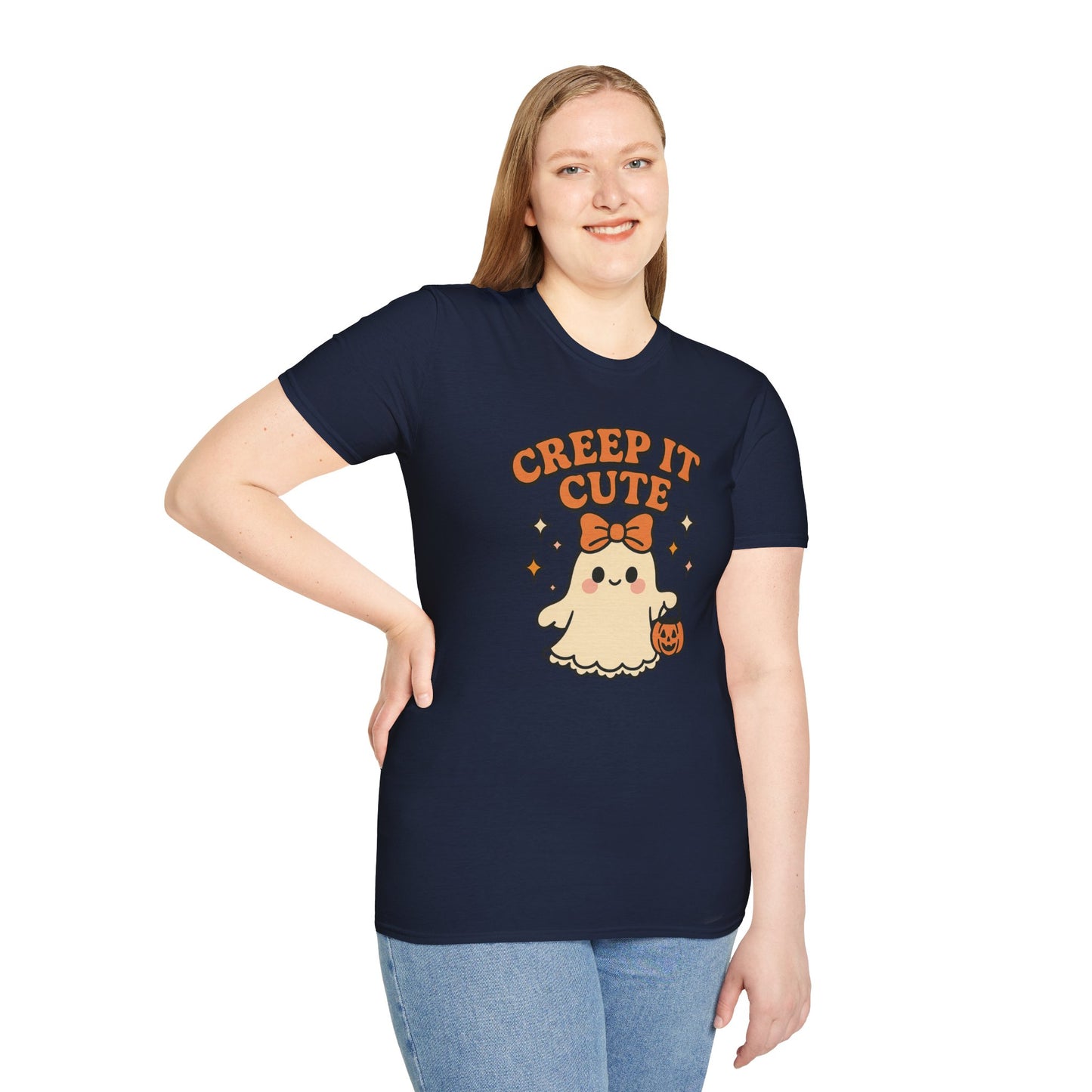 Creep It Cute Ghost Halloween Shirt - Kawaii Ghost Tee with Bow and Pumpkin, Spooky-Cute Fall Graphic T-Shirt, Spooky Season Halloween Top