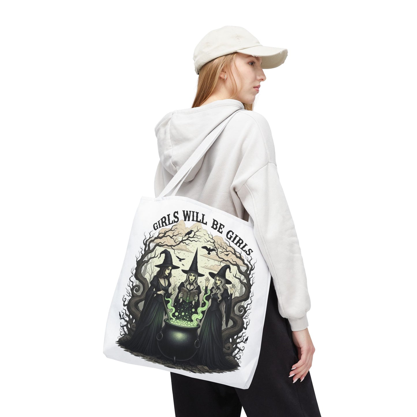 Girls Will Be Girls Halloween Tote Bag, Witchy Aesthetic Bag, Gothic Witches Cauldron Art, Spooky Gift, Reusable Eco Tote For Halloween Lovers