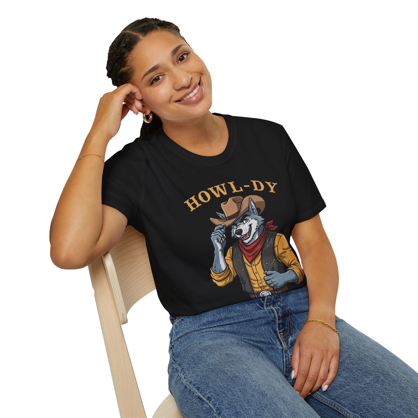 Howl-dy Partner Wolf Cowboy T-Shirt | Western Howling Wolf Graphic Tee, Funny Animal Shirt, Cowboy Gifts, Rustic Country Tee